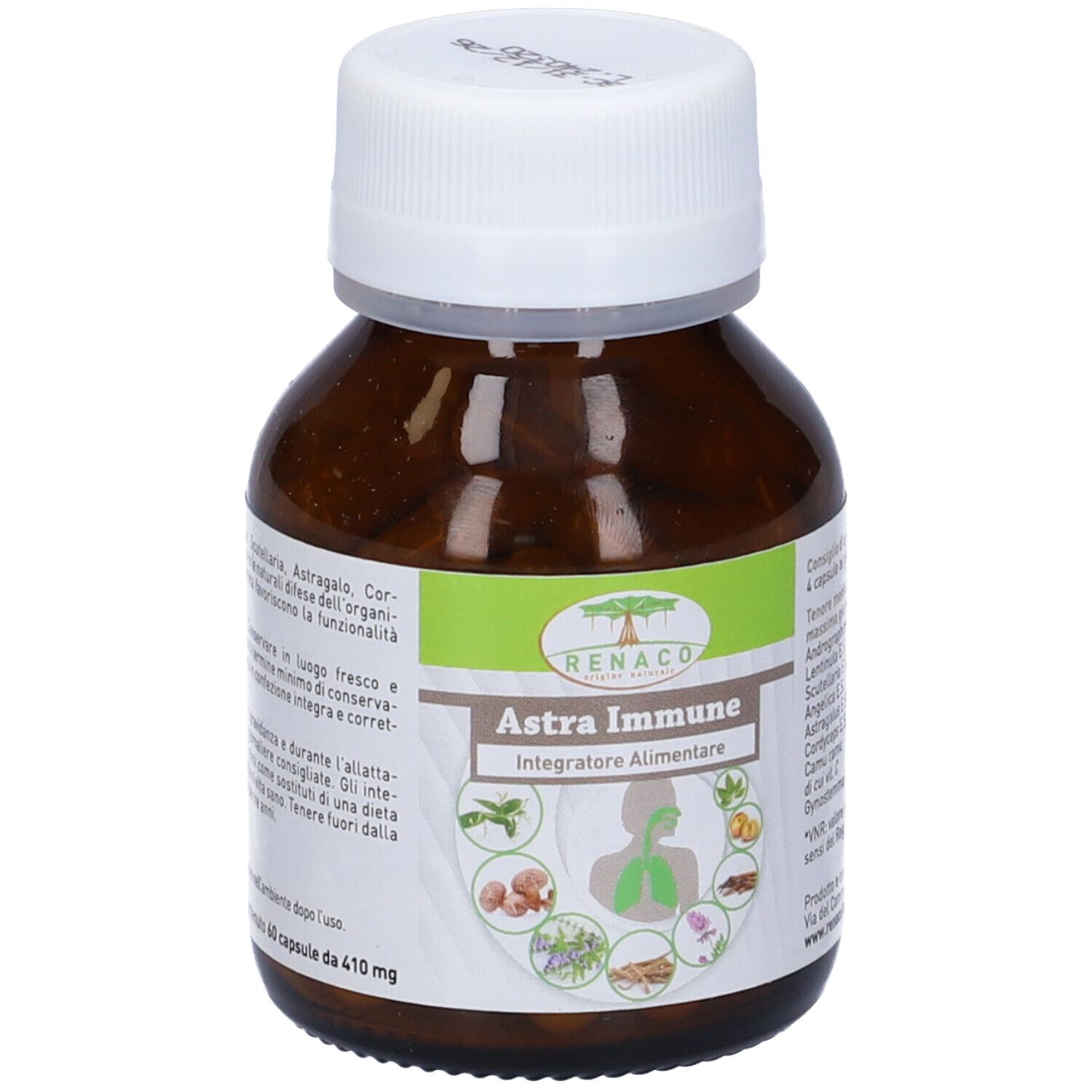 Flacone di vetro marrone con tappo bianco. Etichetta "Renaco Astra Immune" e illustrazioni. 60 capsule.