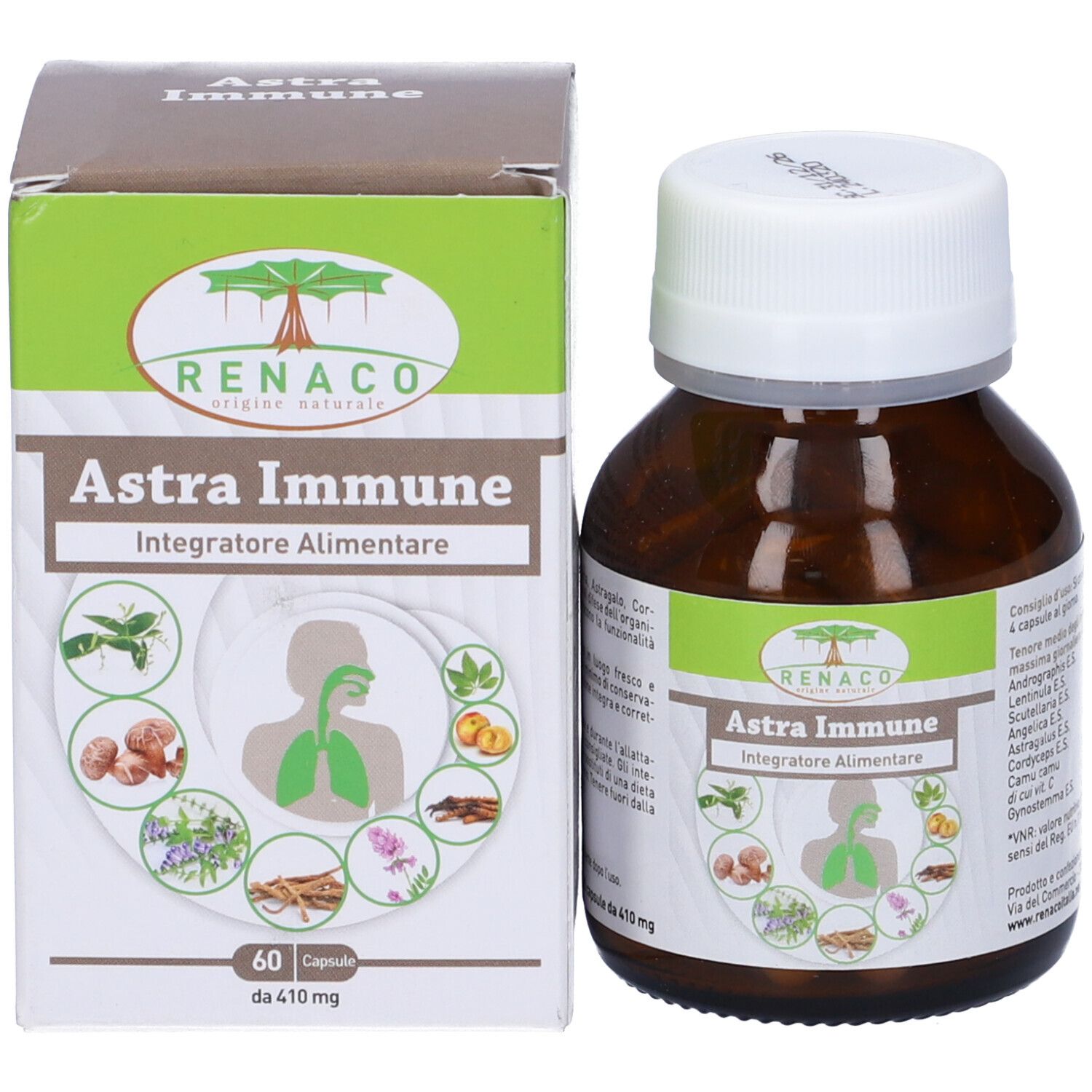 Scatola e flacone "Renaco Astra Immune". Flacone marrone, tappo bianco. Scatola verde e bianca.