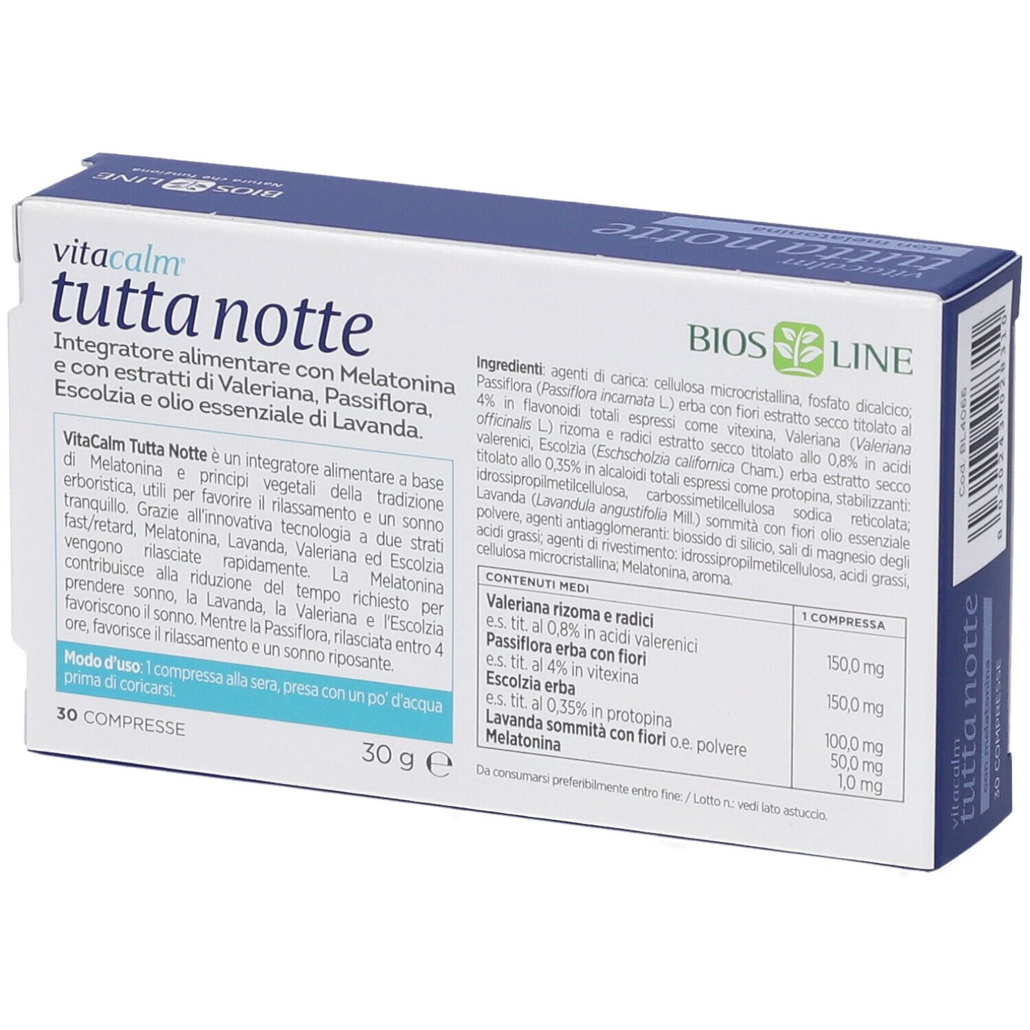 Rückseite der Schachtel VitaCalm Tutta Notte. Zutatenliste, Dosierung. 30 Tabletten. Bios Line Logo.