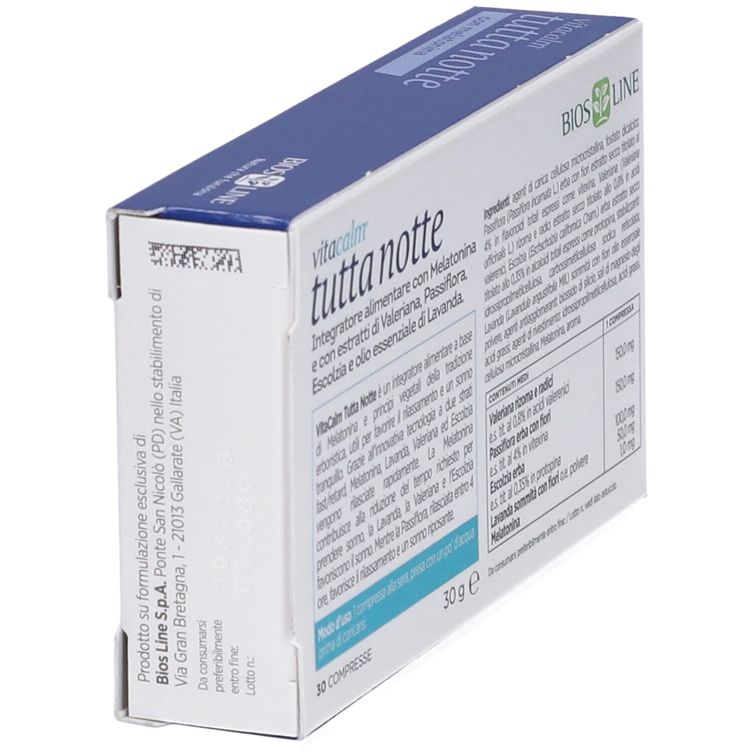 Schachtel VitaCalm Tutta Notte mit Melatonin. 30 Tabletten. Blaue und weiße Verpackung. Bios Line Logo.