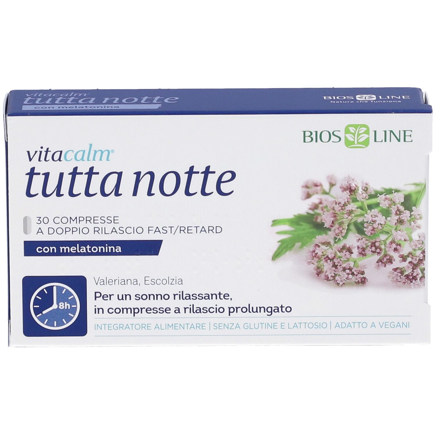 Schachtel VitaCalm Tutta Notte mit Melatonin. 30 Tabletten. Abbildung von Blüten. Glutenfrei, laktosefrei, vegan.