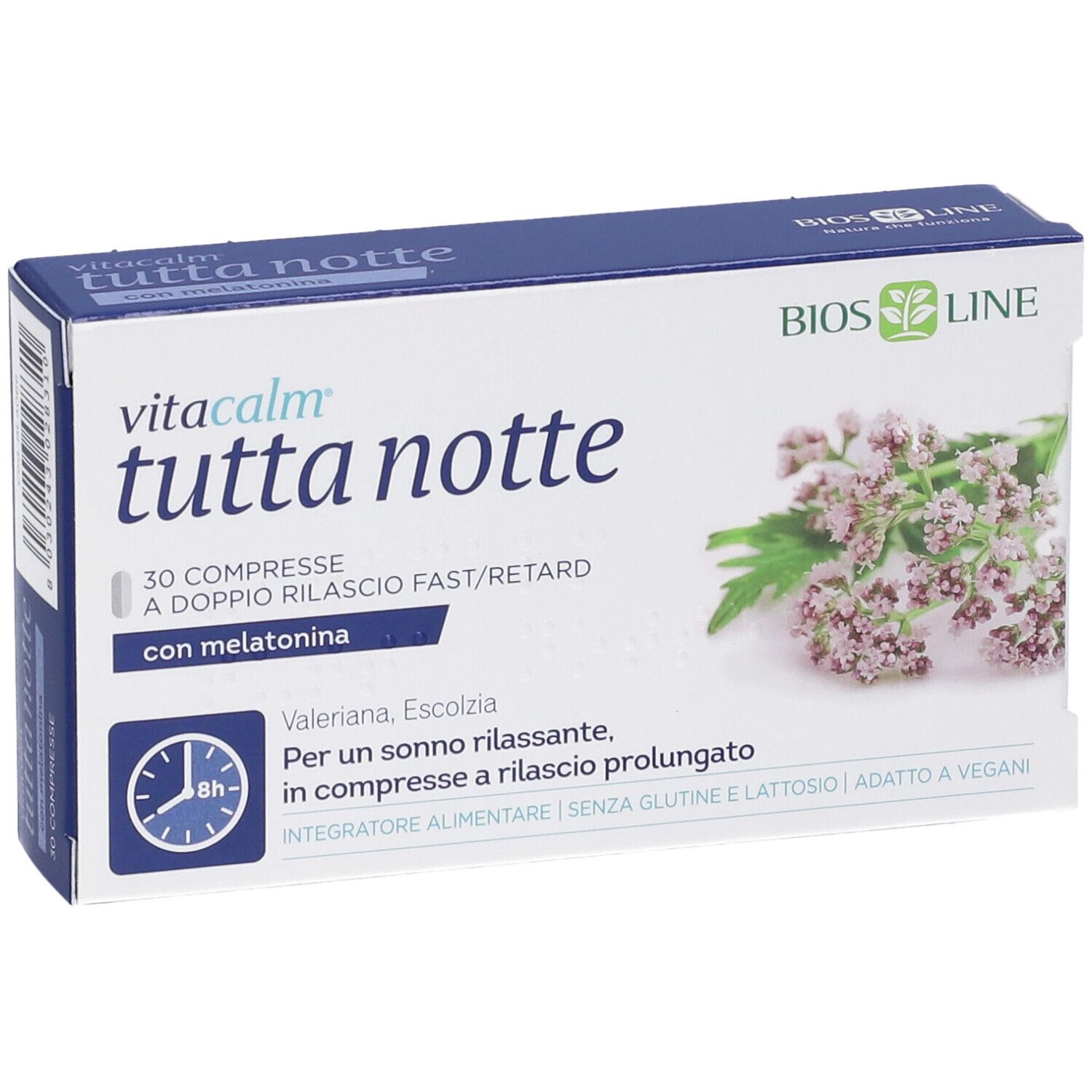 Schachtel VitaCalm Tutta Notte mit Melatonin. 30 Tabletten. Abbildung von Blüten. Glutenfrei, laktosefrei, vegan.