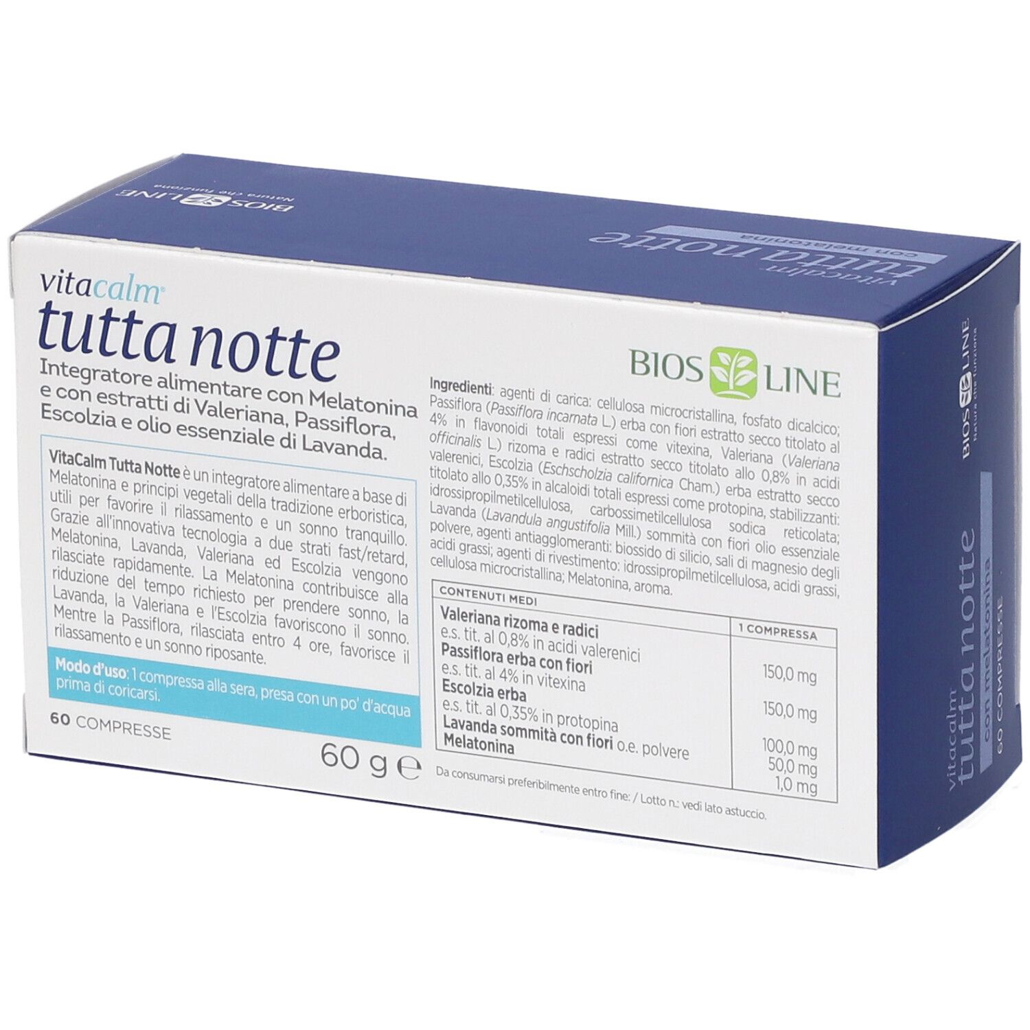 VitaCalm Tutta Notte Schachtel, 60 Tabletten. Inhaltsstoffe und Nährwertangaben. Text auf Italienisch.