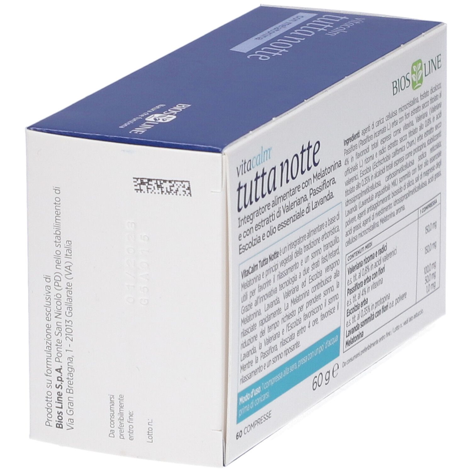 VitaCalm Tutta Notte Schachtel, 60 Tabletten. Rückseite mit Inhaltsstoffen und Herstellerinformationen.
