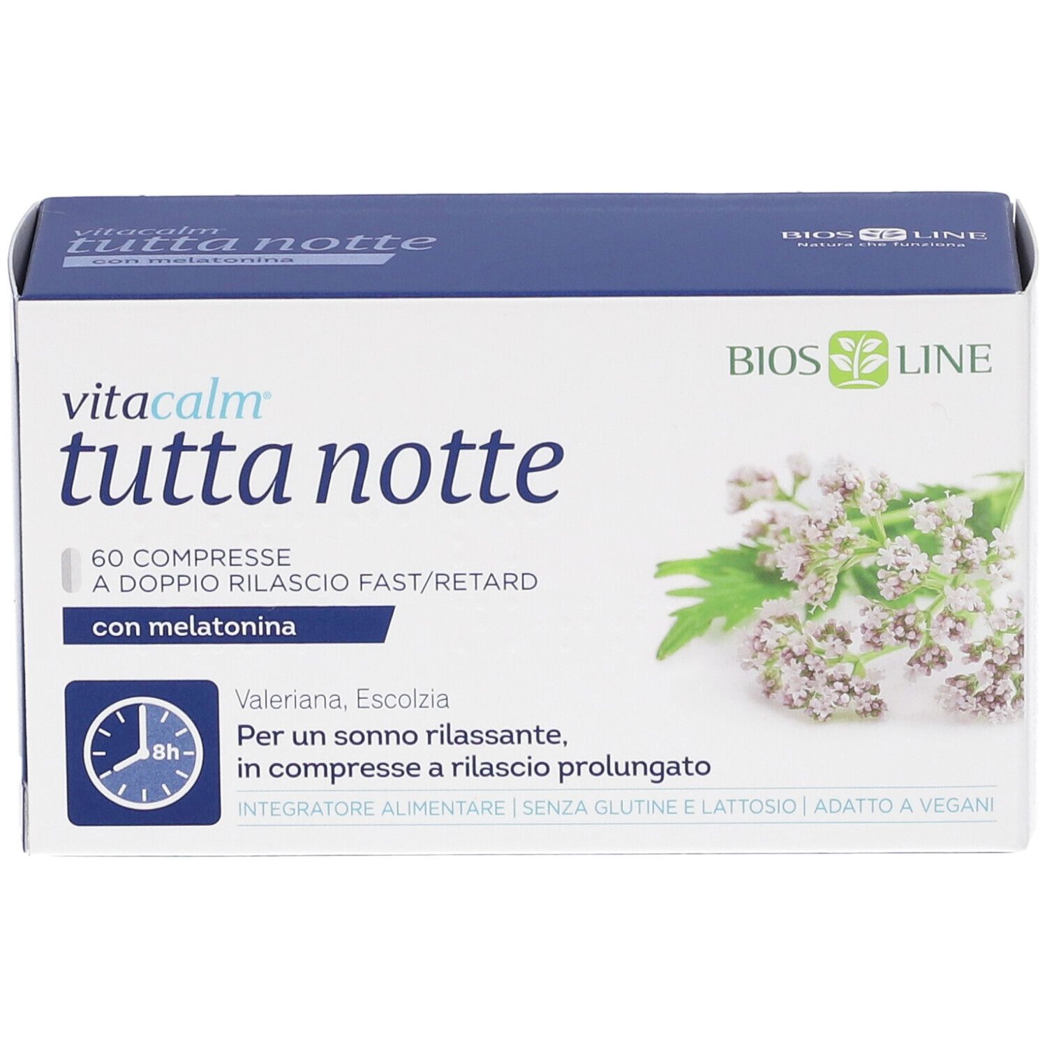 VitaCalm Tutta Notte Schachtel, 60 Tabletten. Mit Melatonin, Baldrian, Eschscholzia. Vorderansicht.