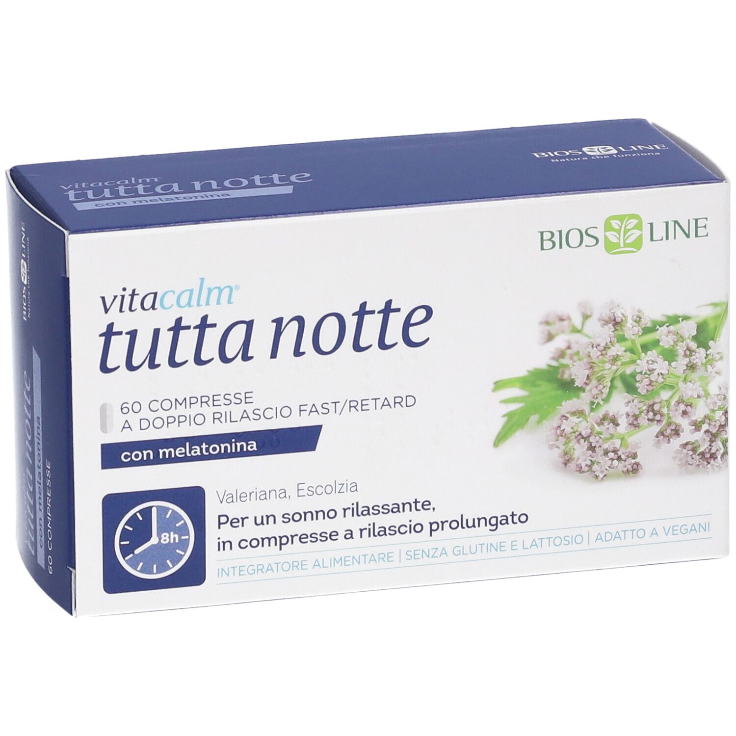 VitaCalm Tutta Notte Schachtel, 60 Tabletten. Mit Melatonin, Baldrian, Eschscholzia. Blaue Verpackung.
