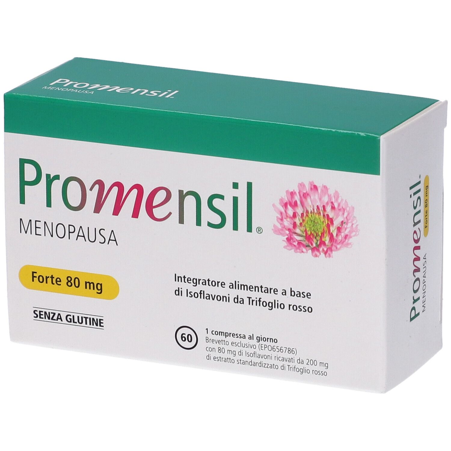Promensil Menopause Forte 80 mg Packung. Enthält 60 Tabletten. Glutenfrei. Rotes Kleeblumen-Logo.
