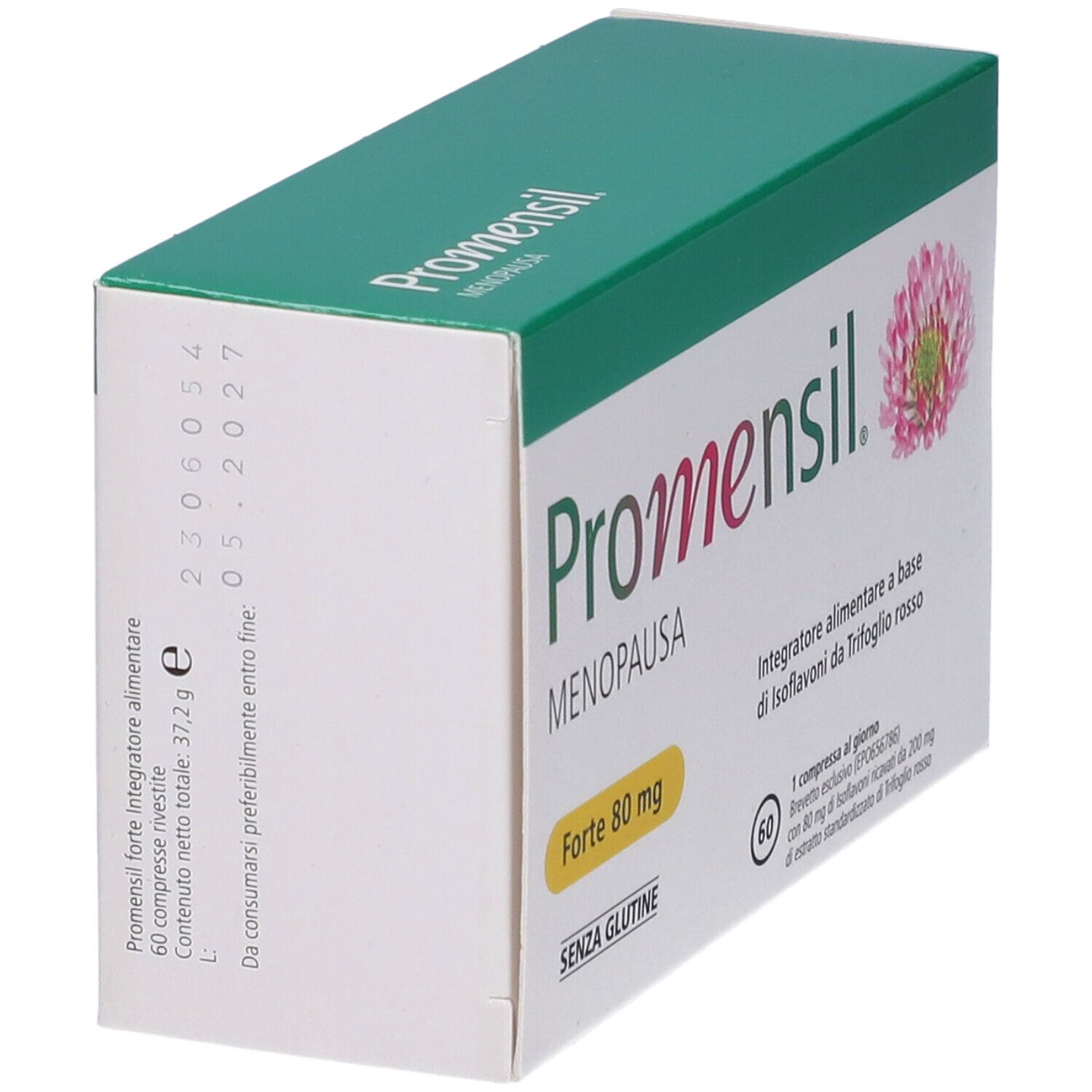 Promensil Menopause Forte 80 mg Packung. Grün-weiße Schachtel. Enthält 60 Tabletten. Glutenfrei.