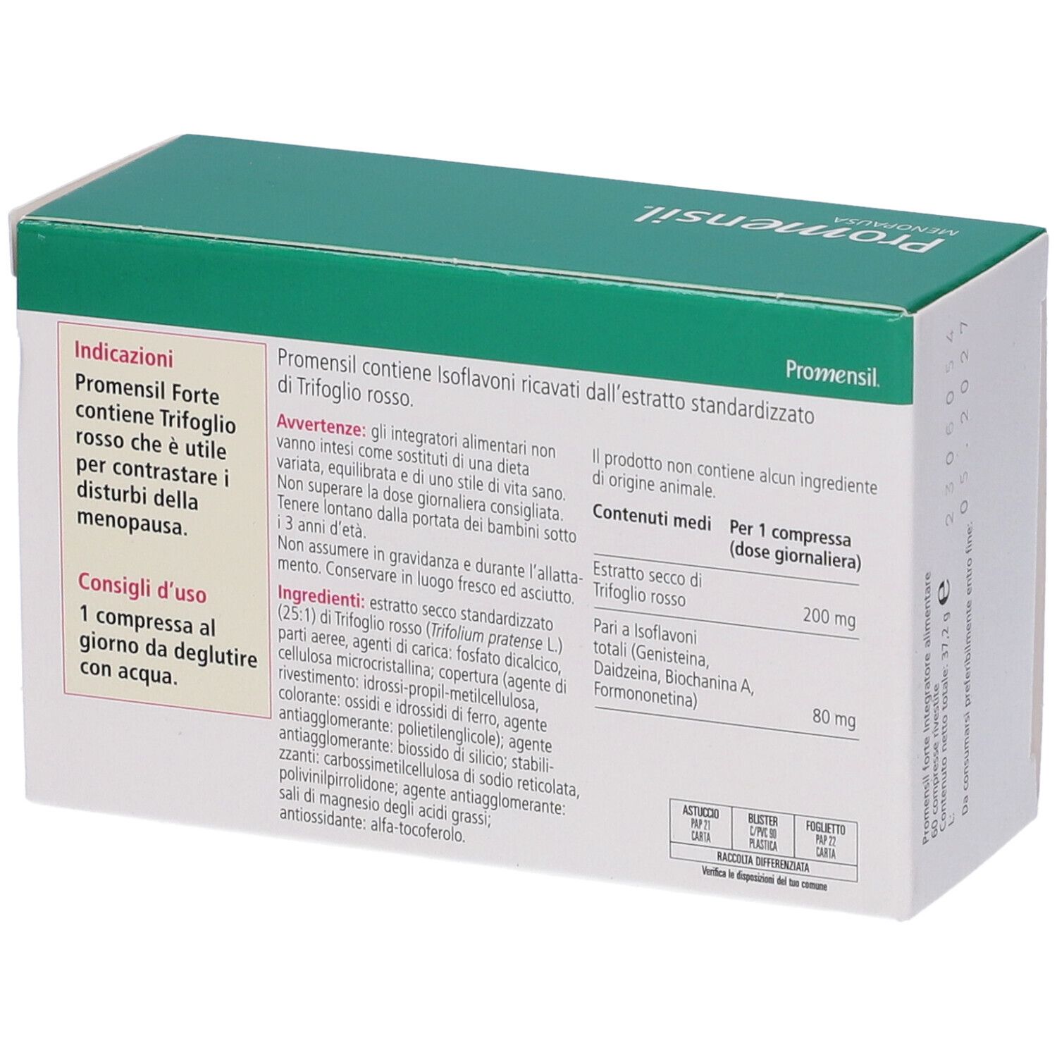 Promensil Menopause Forte Packung. Rückseite mit Inhaltsstoffen und Anwendungshinweisen. Rotes Kleeblumen-Logo.