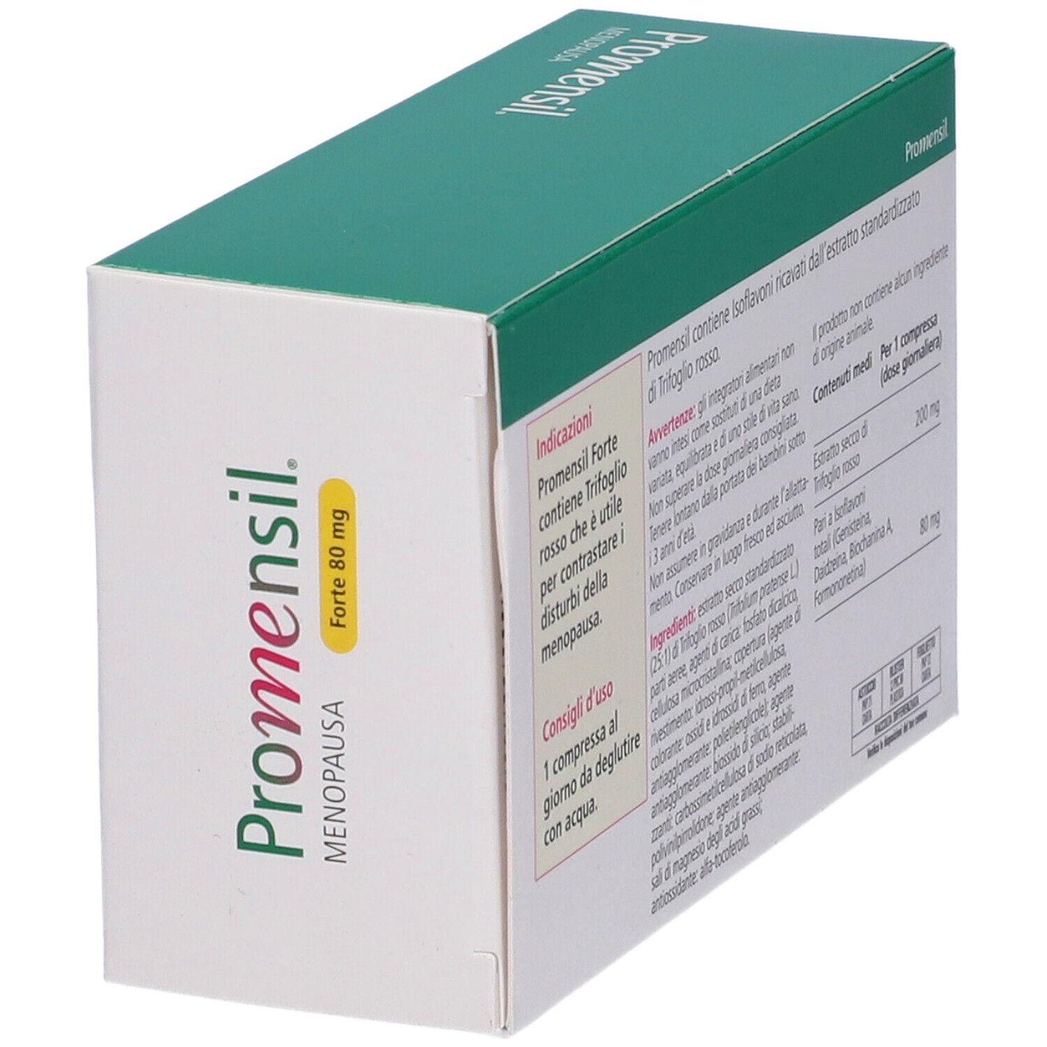 Promensil Menopause Forte 80 mg Packung. Grün-weiße Schachtel. Enthält 60 Tabletten. Glutenfrei.