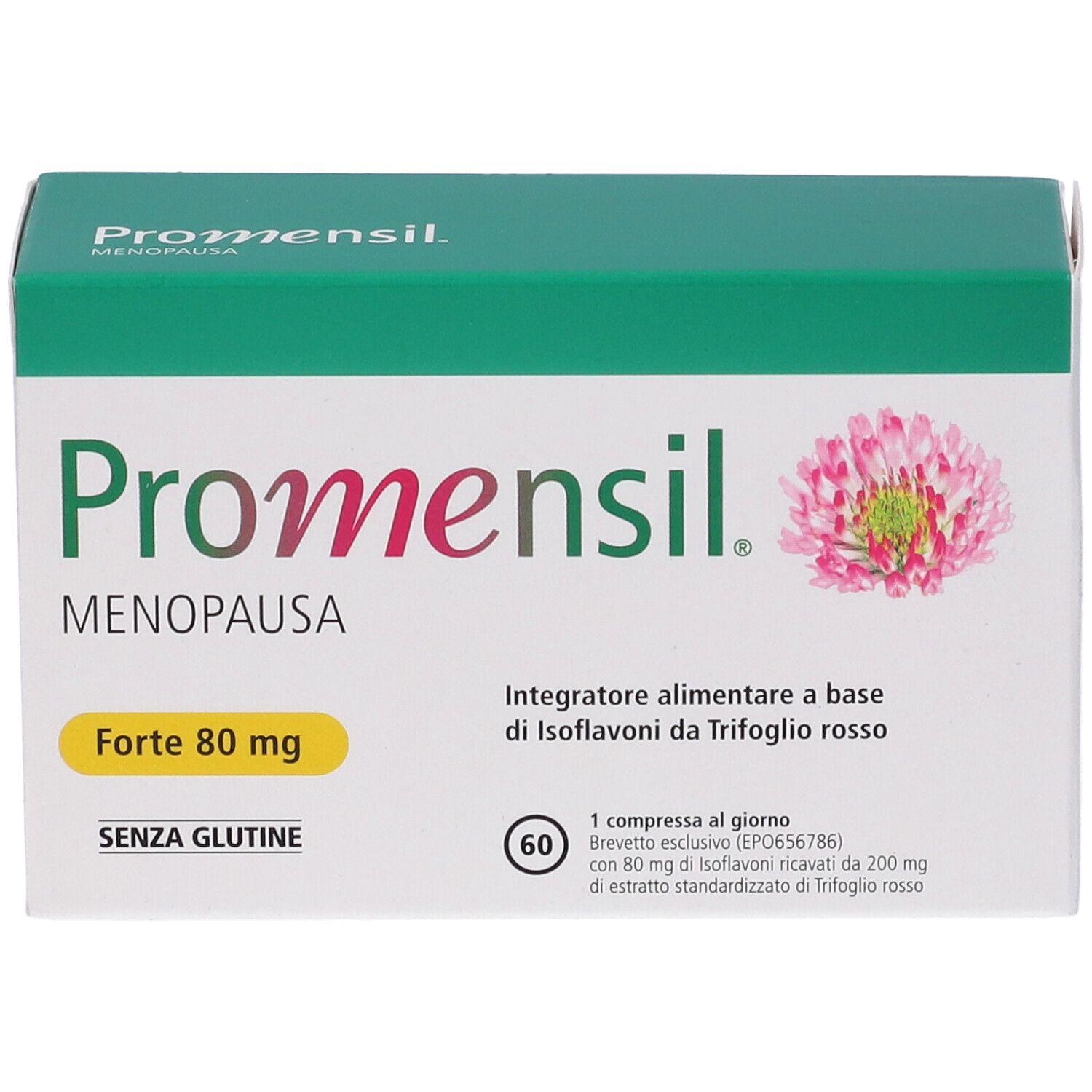 Promensil Menopause Forte 80 mg Packung. Enthält 60 Tabletten. Glutenfrei. Rotes Kleeblumen-Logo.