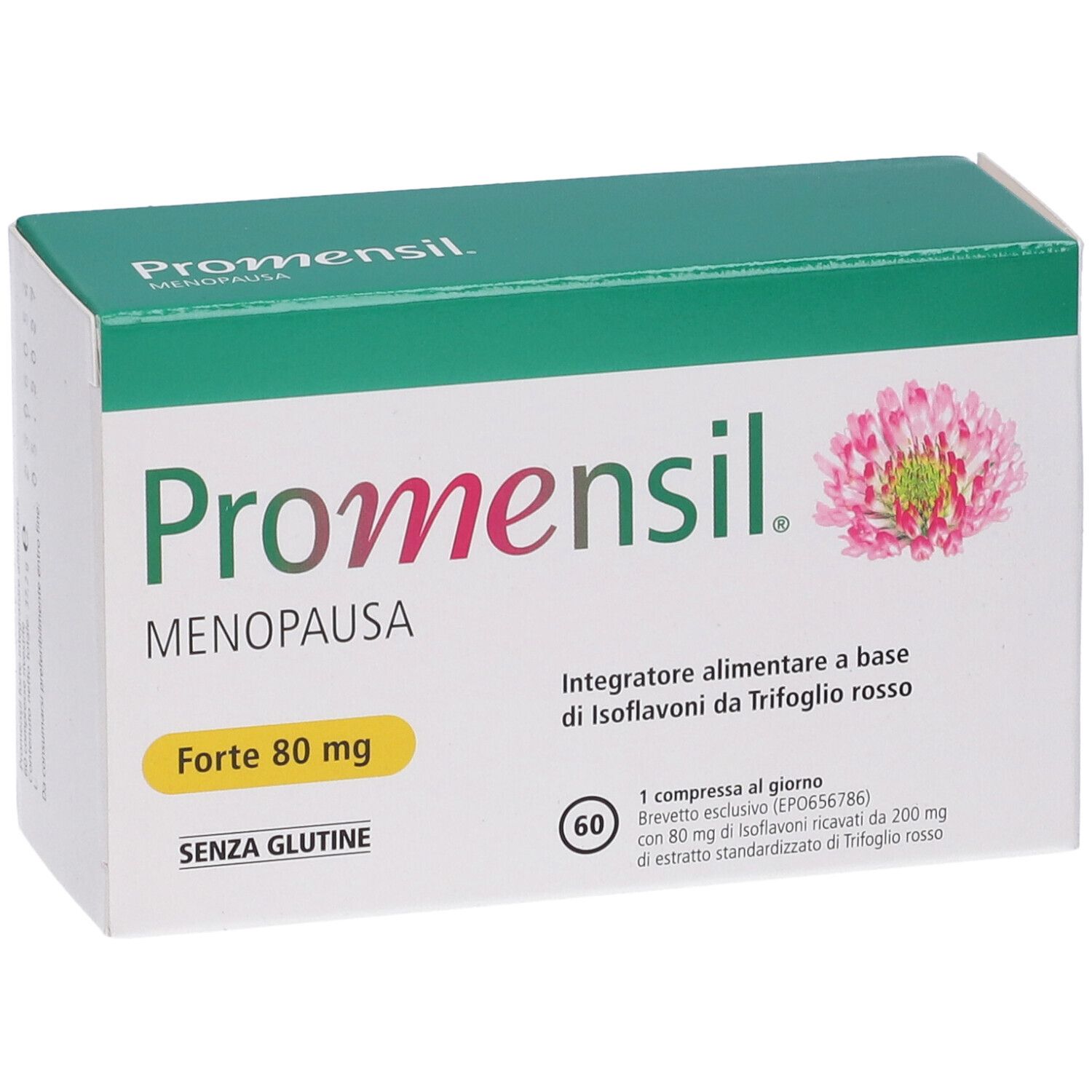 Promensil Menopause Forte 80 mg Packung. Enthält 60 Tabletten. Glutenfrei. Rotes Kleeblumen-Logo.