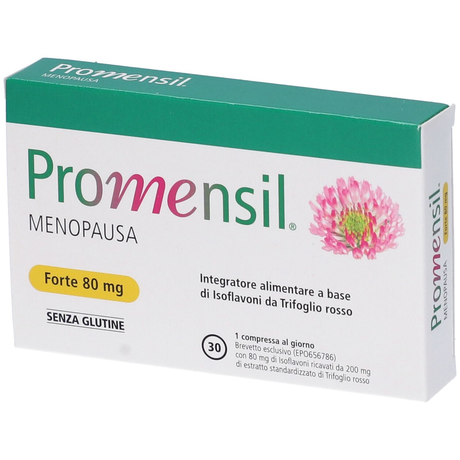 Scatola Promensil Menopausa Forte 80 mg. Contiene 30 compresse. Fiore di trifoglio rosso. Senza glutine.