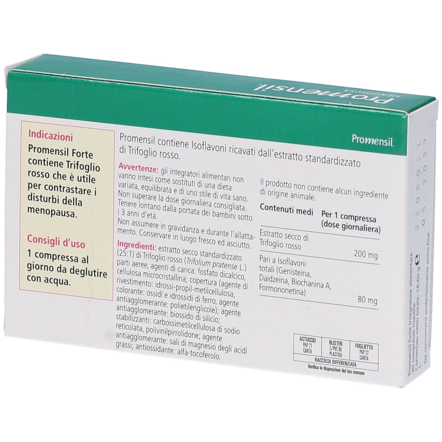 Retro della confezione Promensil Menopausa Forte 80 mg. Informazioni testuali e ingredienti.