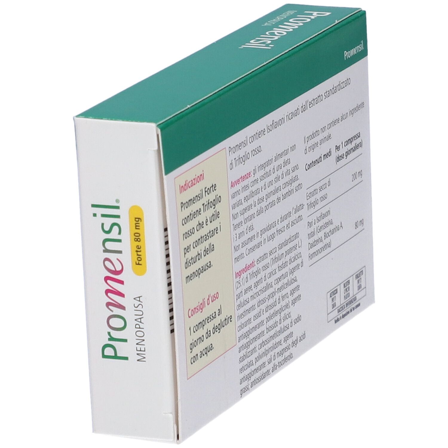 Scatola Promensil Menopausa Forte 80 mg, vista obliqua. Informazioni testuali e ingredienti.