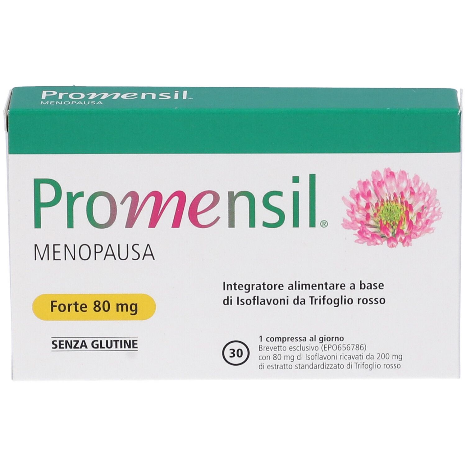 Confezione Promensil Menopausa Forte 80 mg. Vista frontale. Contiene 30 compresse. Fiore di trifoglio rosso.