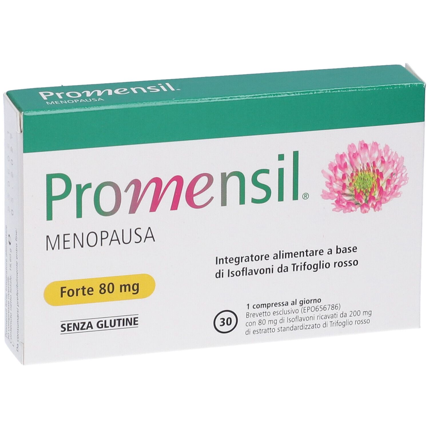 Confezione Promensil Menopausa Forte 80 mg. Vista frontale. Contiene 30 compresse. Fiore di trifoglio rosso.