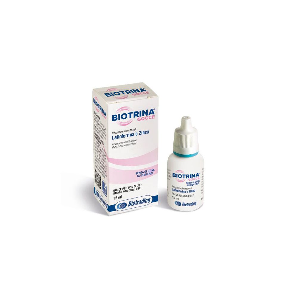 Scatola e flacone Biotrina Gocce. Flacone contagocce bianco, anello blu. Scatola con informazioni sul prodotto.