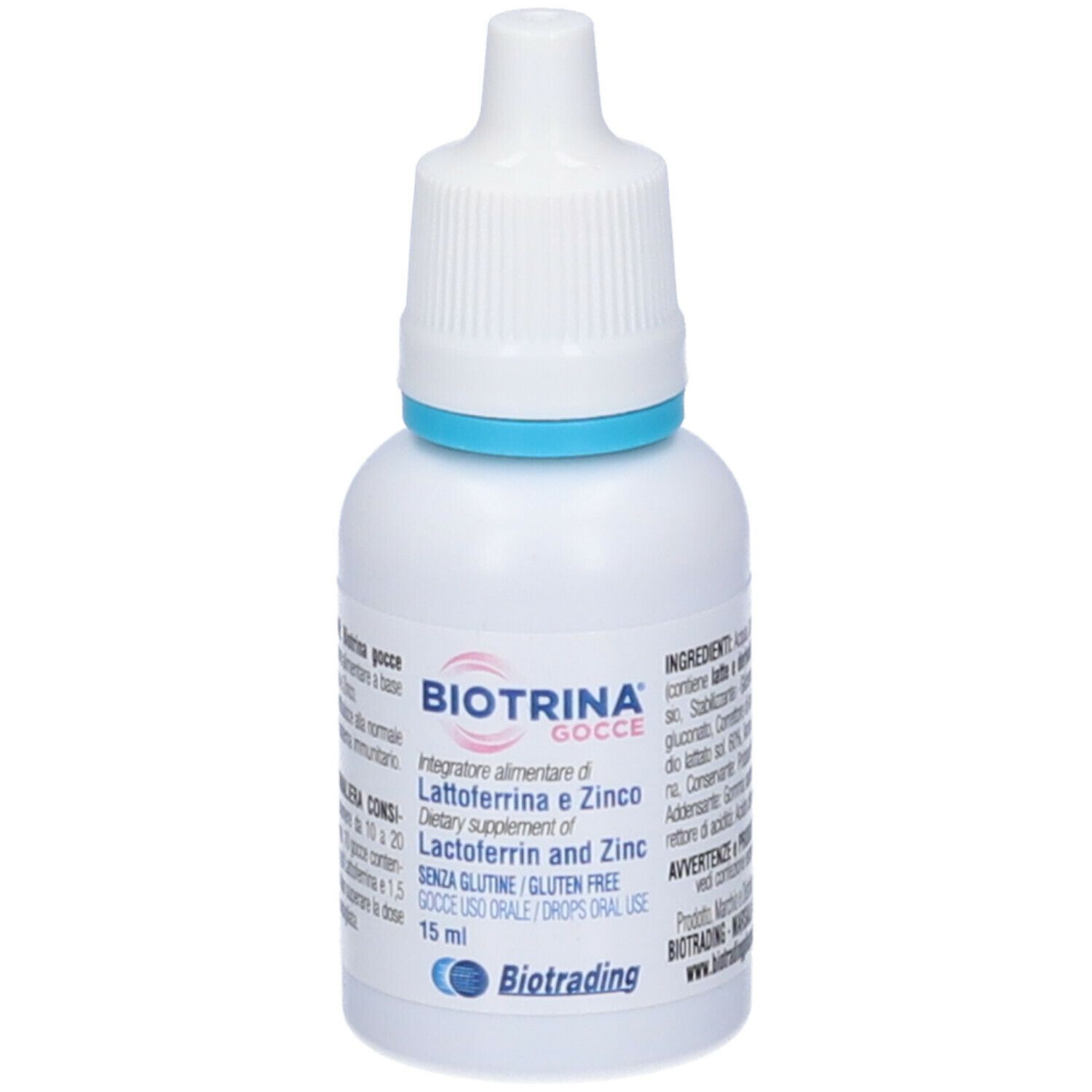 Flacone bianco con contagocce, anello blu. Nome prodotto Biotrina Gocce. Contiene lattoferrina e zinco. 15 ml.