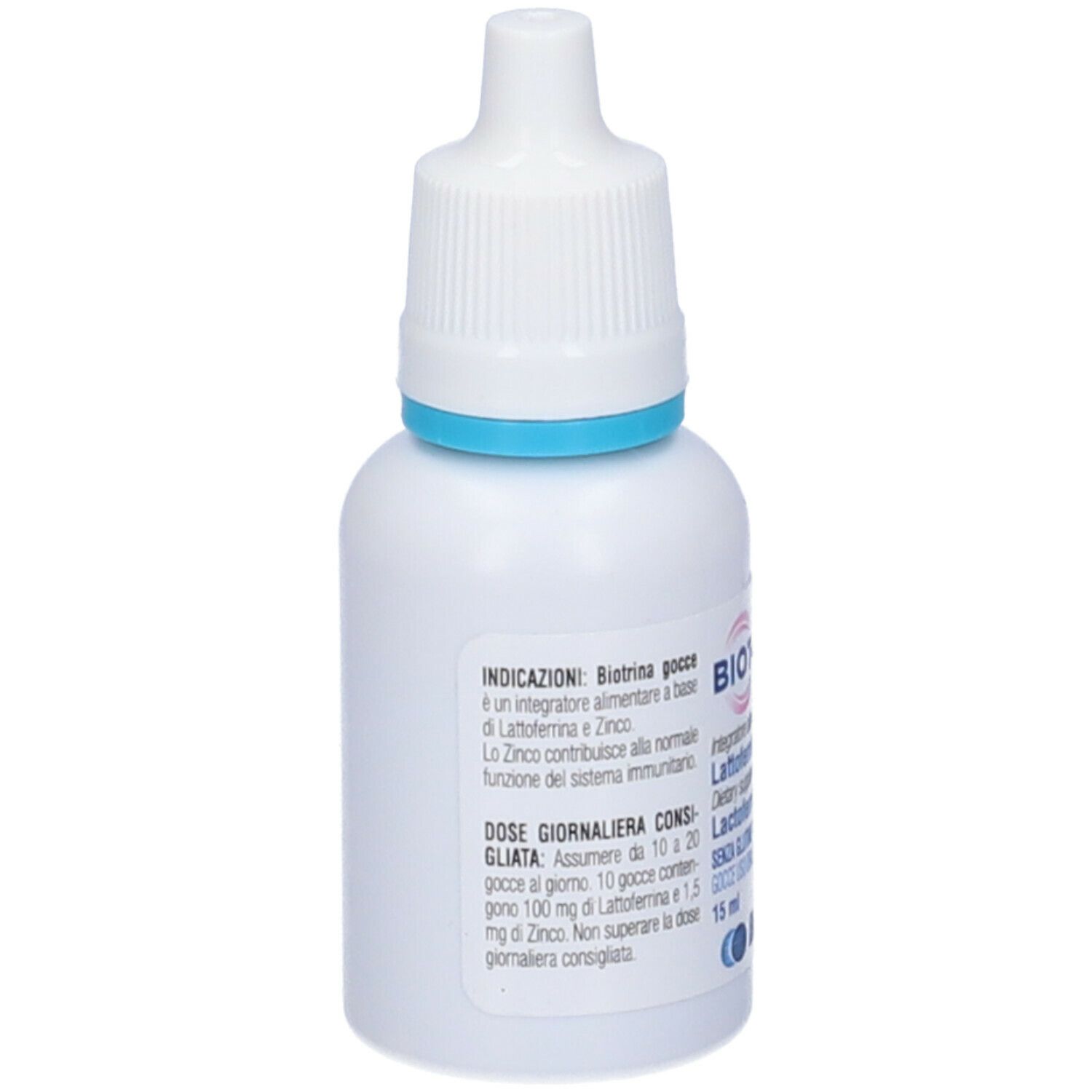 Flacone bianco con contagocce, anello blu. Nome prodotto Biotrina Gocce. Contiene lattoferrina e zinco. 15 ml.