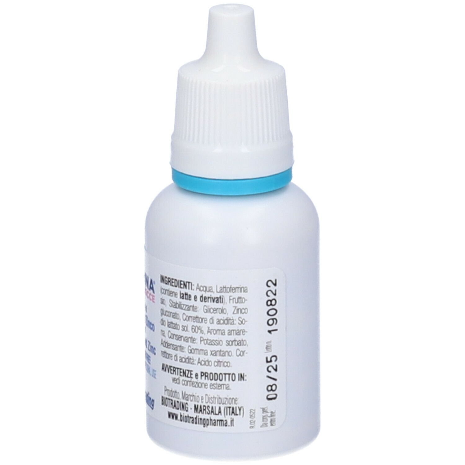 Flacone bianco con contagocce, anello blu. Nome prodotto Biotrina Gocce. Contiene lattoferrina e zinco. 15 ml.