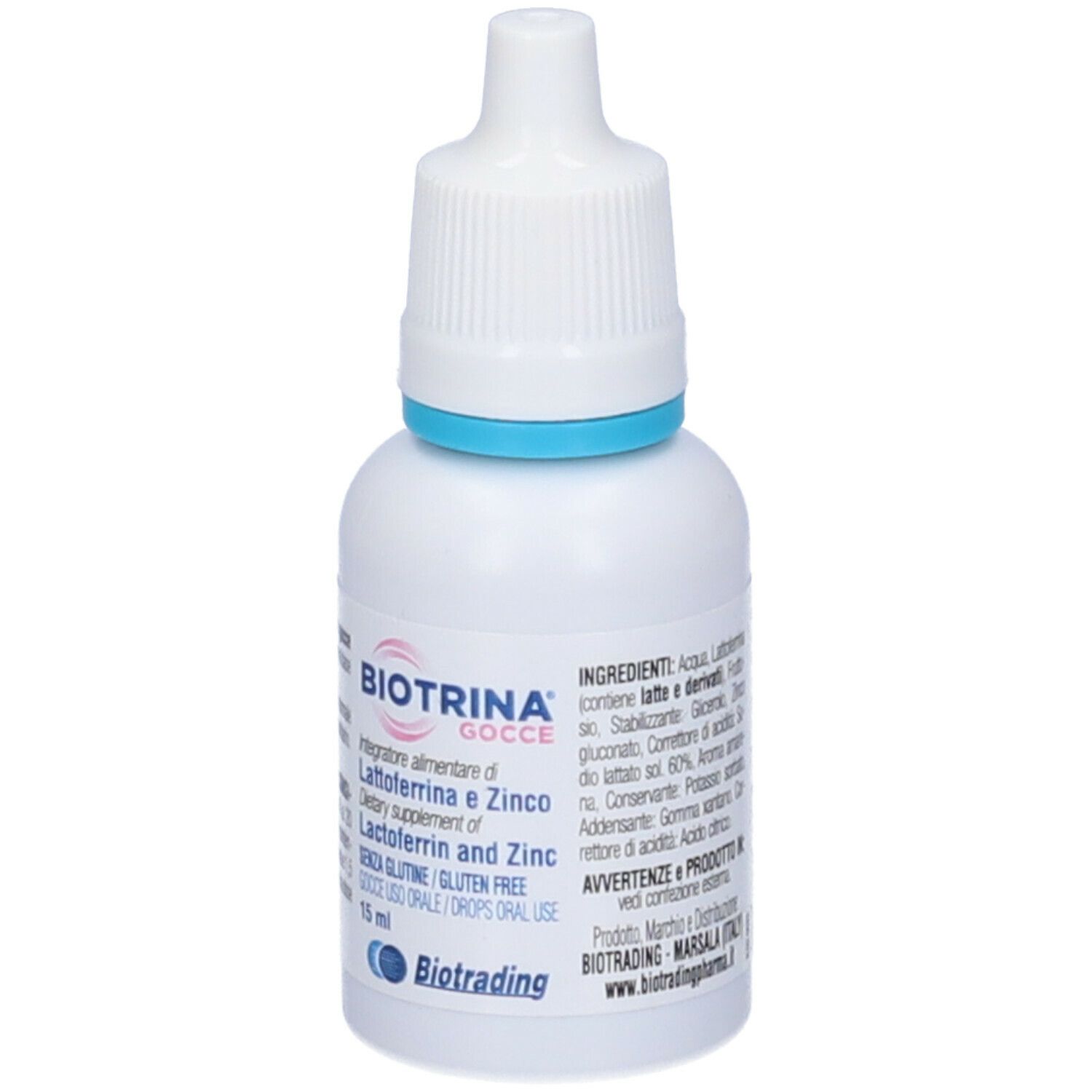 Flacone bianco con contagocce, anello blu. Nome prodotto Biotrina Gocce. Contiene lattoferrina e zinco. 15 ml.