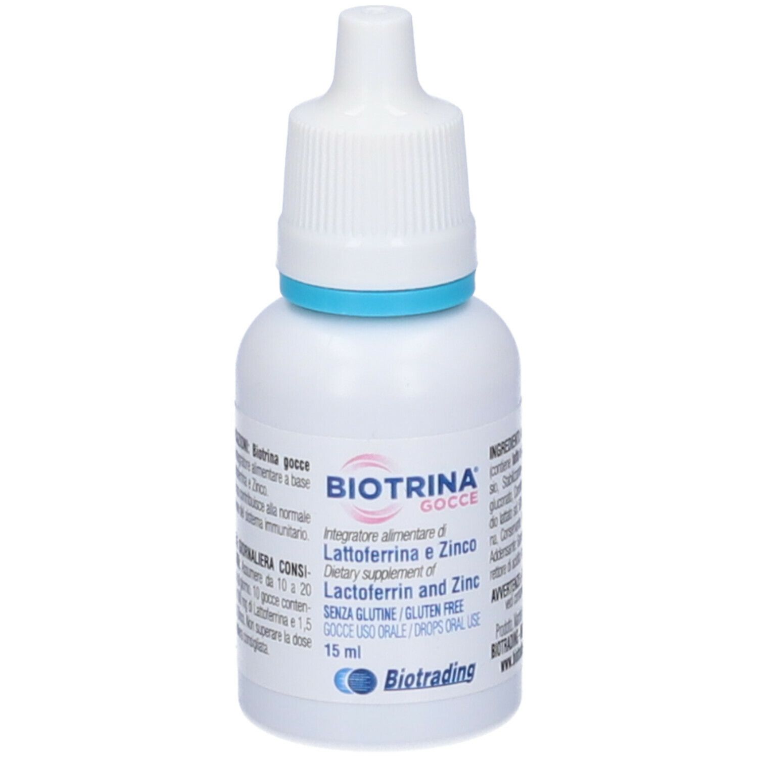 Flacone bianco con contagocce, anello blu. Nome prodotto Biotrina Gocce. Contiene lattoferrina e zinco. 15 ml.
