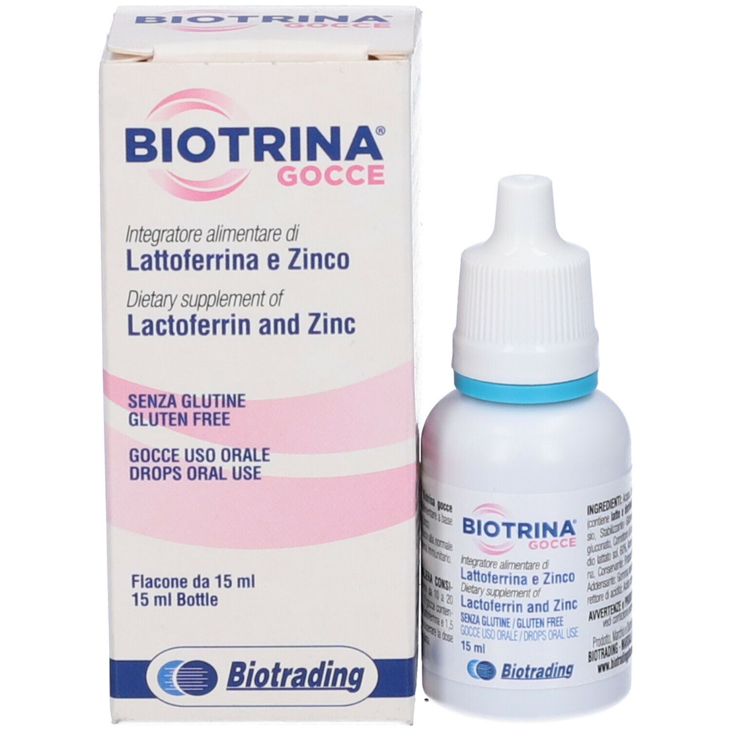 Flacone e scatola Biotrina Gocce. Flacone contagocce bianco, anello blu. Scatola con informazioni sul prodotto.