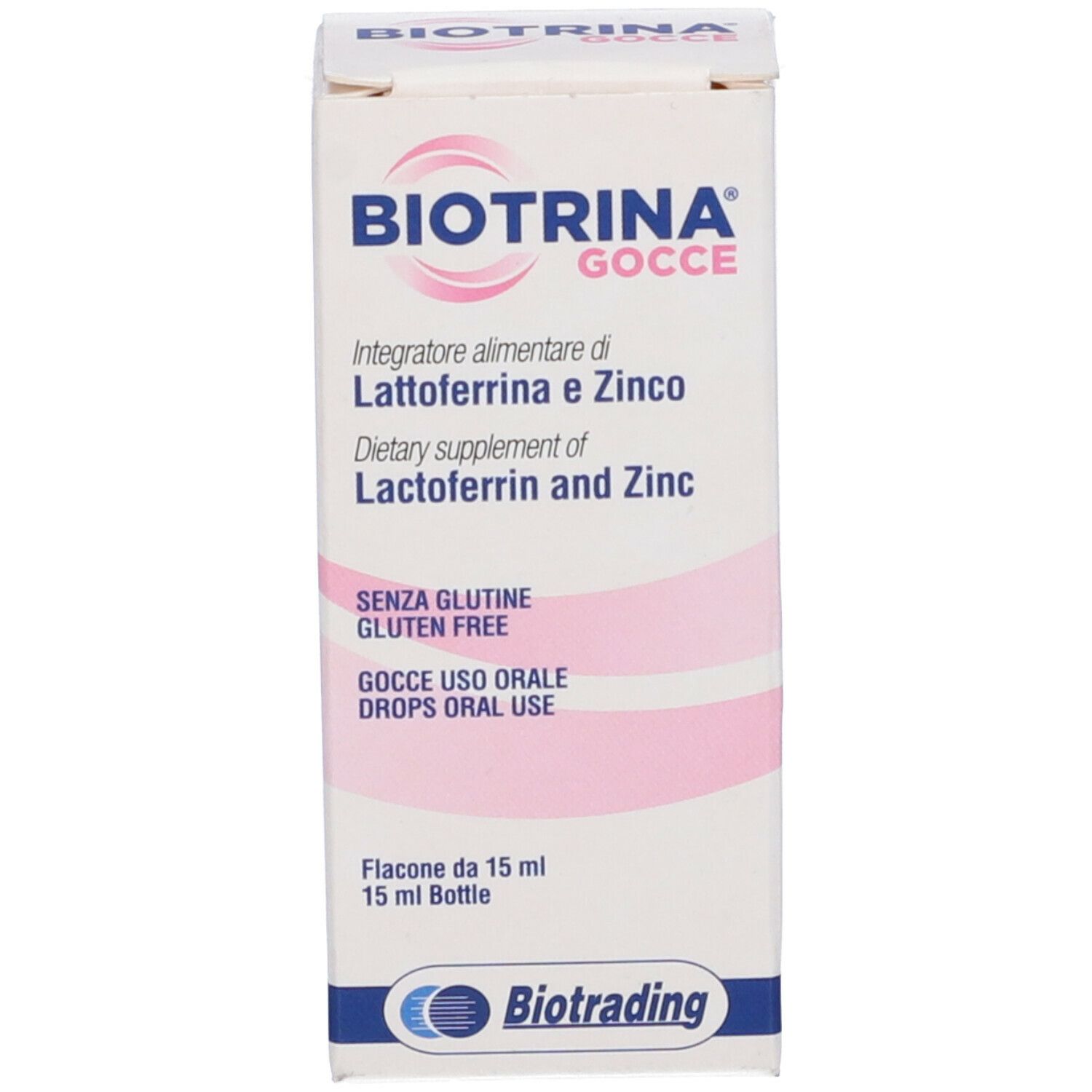 Scatola Biotrina Gocce. Informazioni sul prodotto, flacone contagocce bianco, anello blu. 15 ml.
