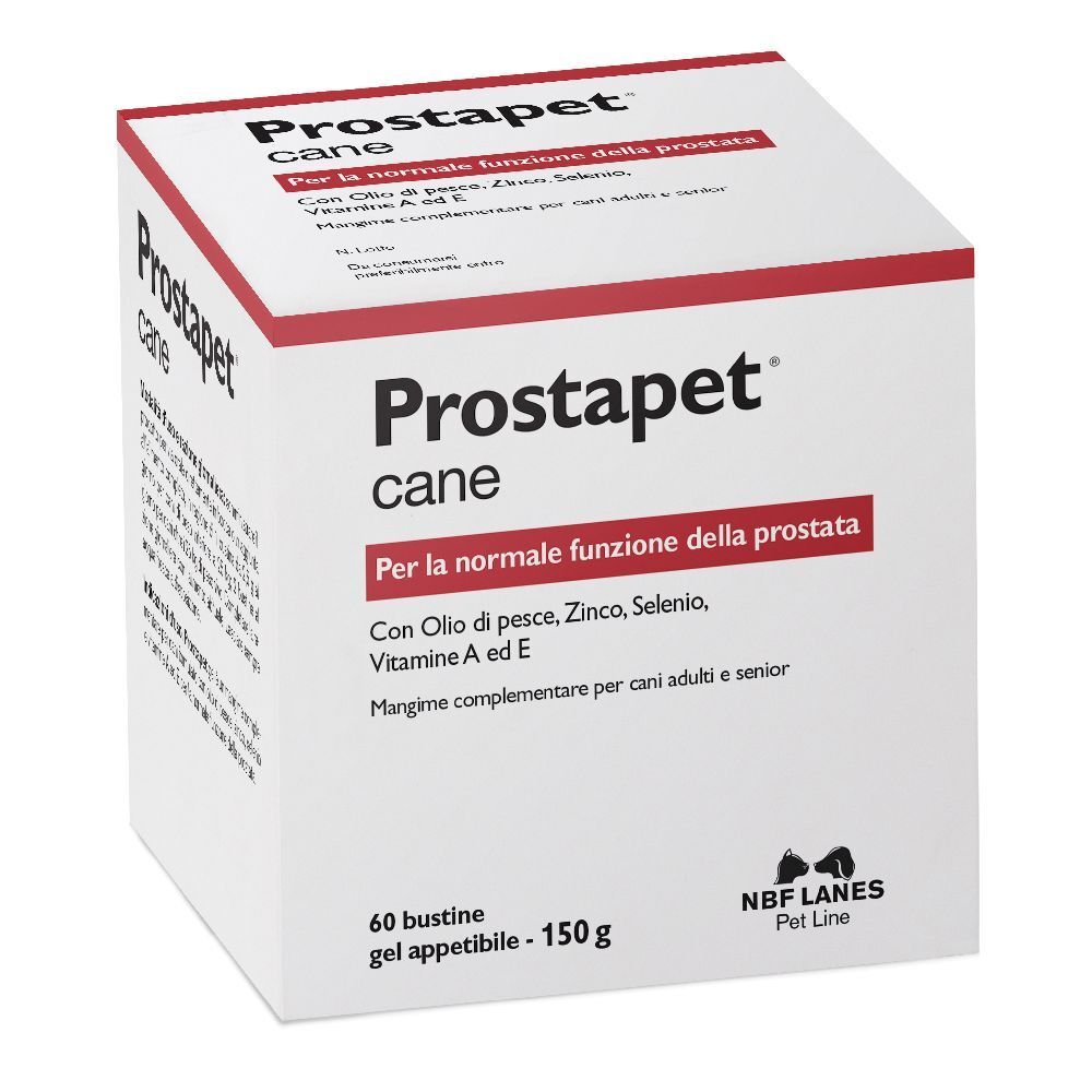 Weißer Karton mit roter Schrift. Aufschrift: Prostapet cane. Enthält 60 Beutel. Mit Fischöl, Zink, Selen, Vitaminen.