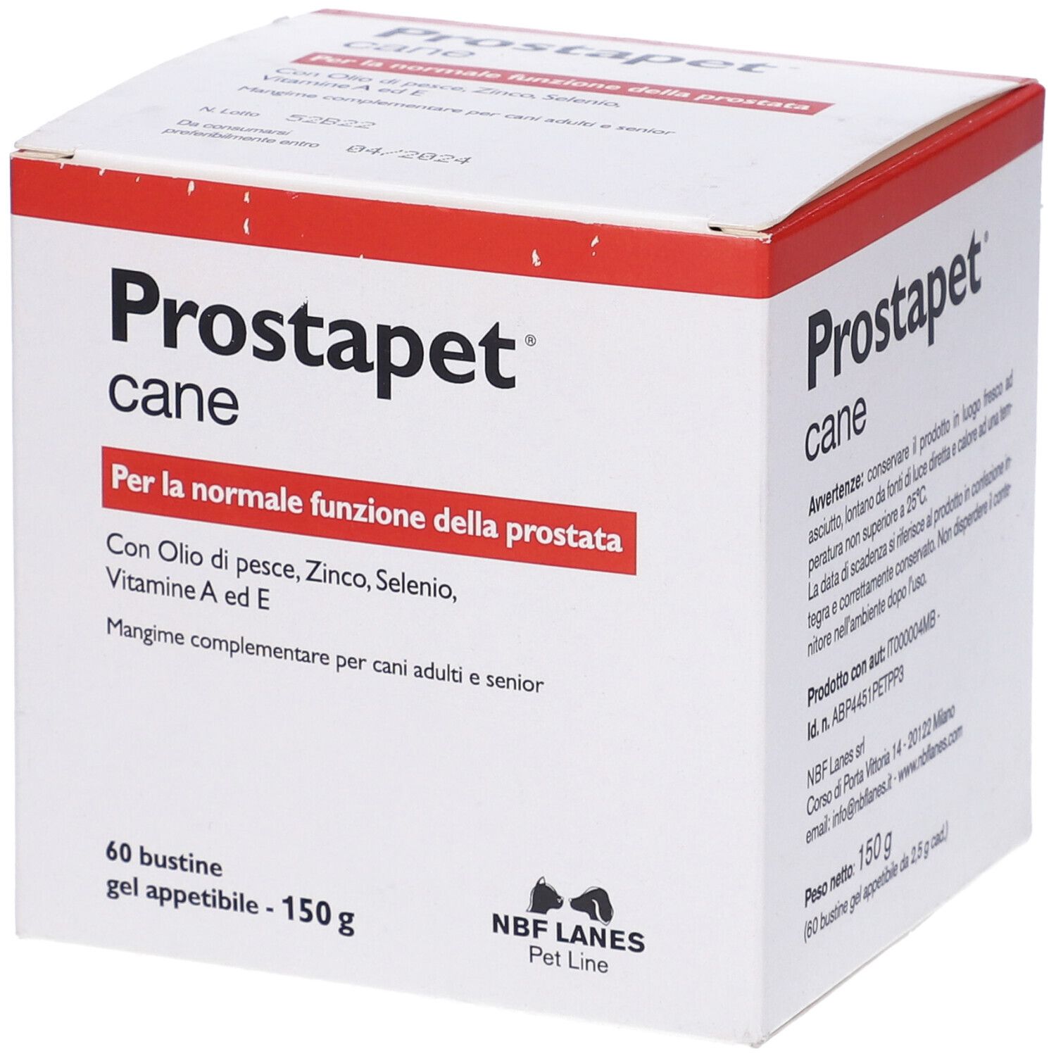 Weißer Karton mit roter Schrift. Aufschrift: Prostapet cane. Enthält 60 Beutel. Mit Fischöl, Zink, Selen, Vitaminen.