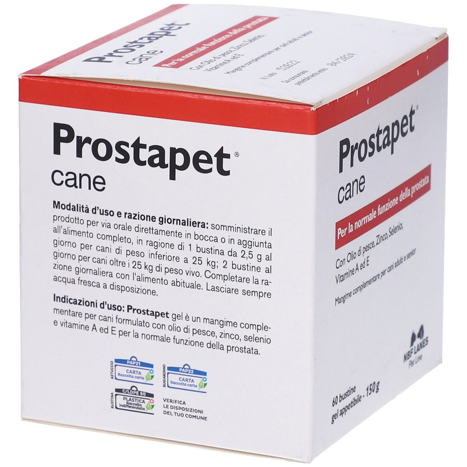 Weißer Karton mit roter Schrift. Aufschrift: Prostapet cane. Enthält 60 Beutel. Mit Fischöl, Zink, Selen, Vitaminen.