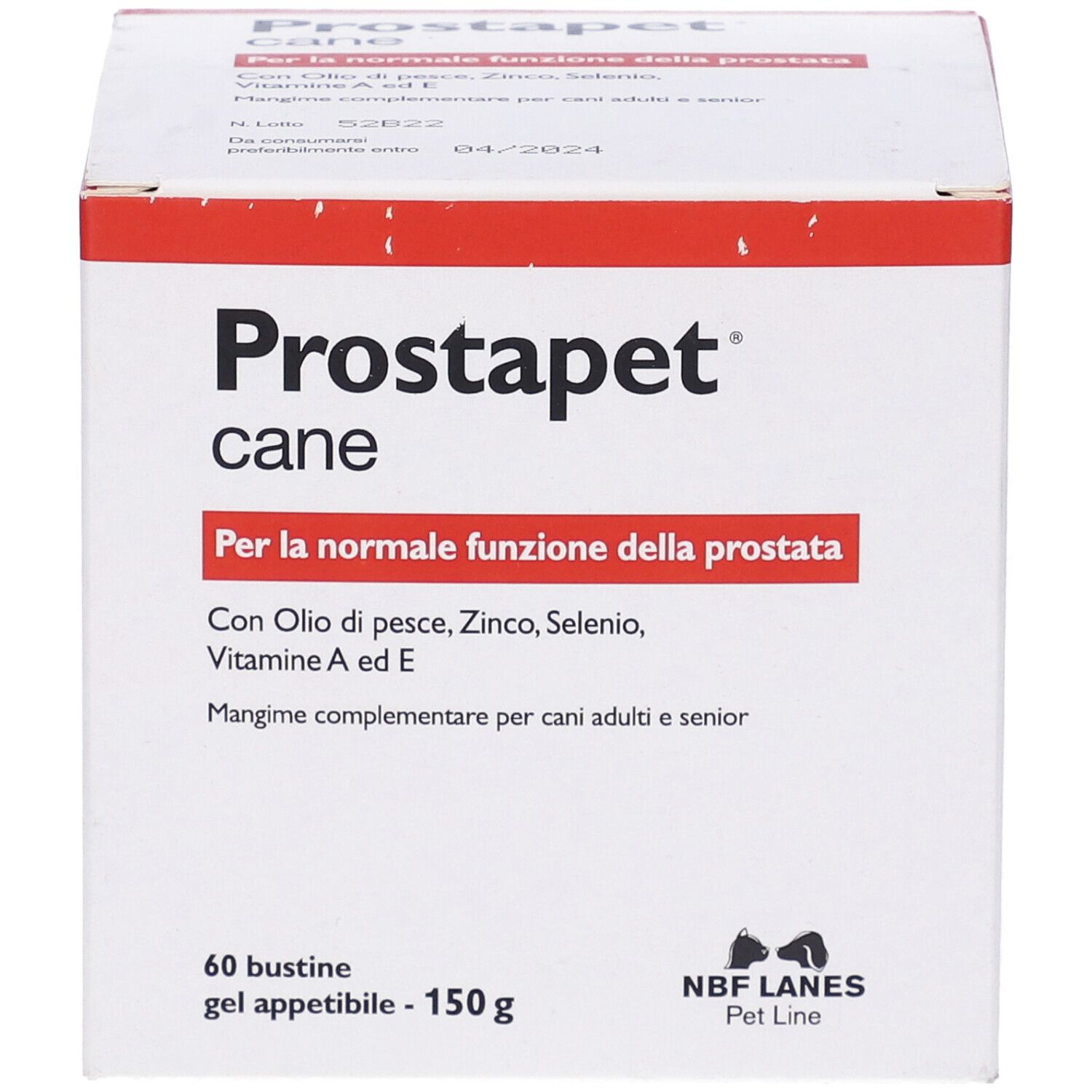 Weißer Karton mit roter Schrift. Aufschrift: Prostapet cane. Enthält 60 Beutel. Mit Fischöl, Zink, Selen, Vitaminen.