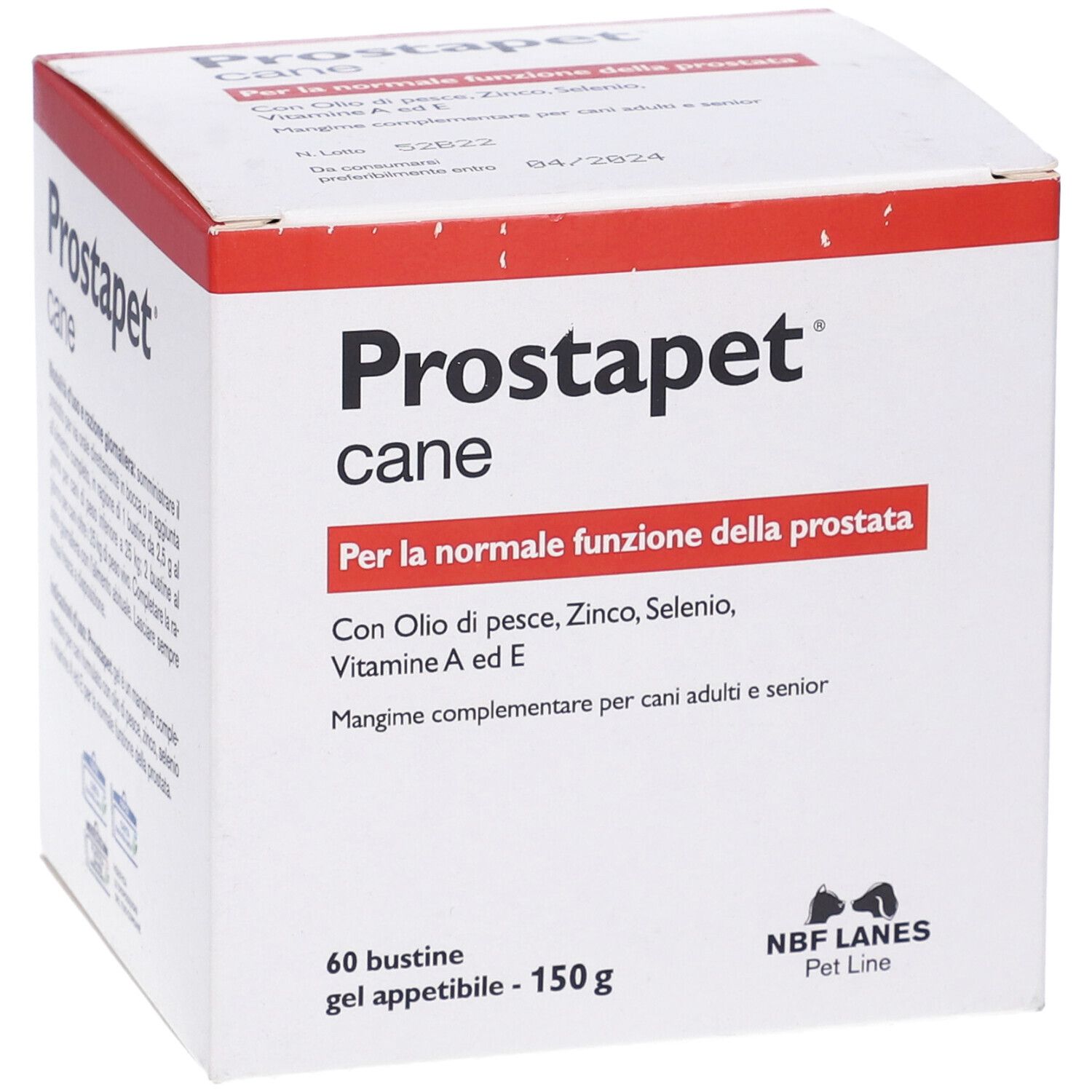 Weißer Karton mit roter Schrift. Aufschrift: Prostapet cane. Enthält 60 Beutel. Mit Fischöl, Zink, Selen, Vitaminen.