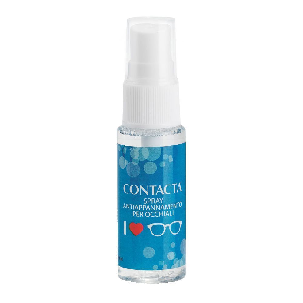 Flacone spray con tappo bianco ed etichetta blu. Scritta: CONTACTA, Spray Antiappannamento Per Occhiali. Simbolo cuore-occhiali.