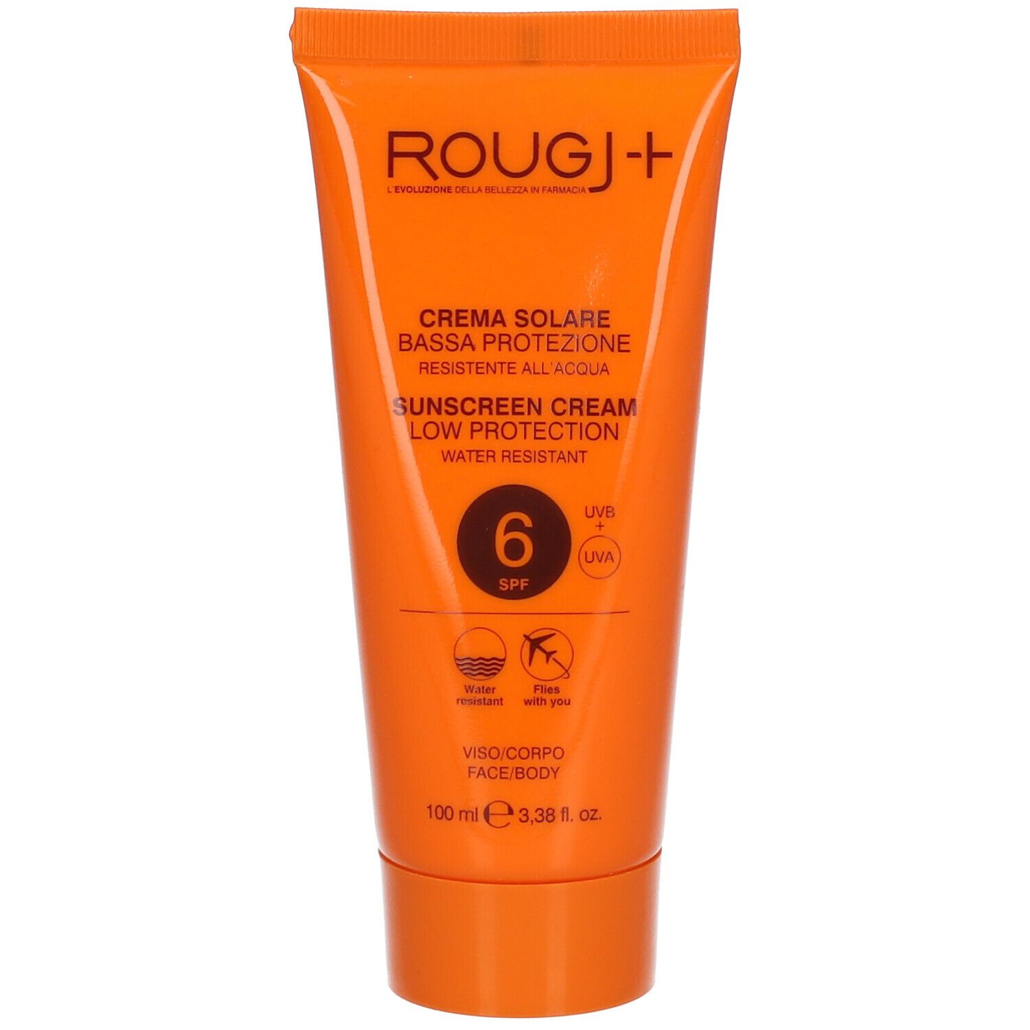 Tubo arancione con logo "ROUGJ+" e "CREMA SOLARE SPF6". Testo: "Sunscreen Cream Low Protection". Resistente all'acqua.