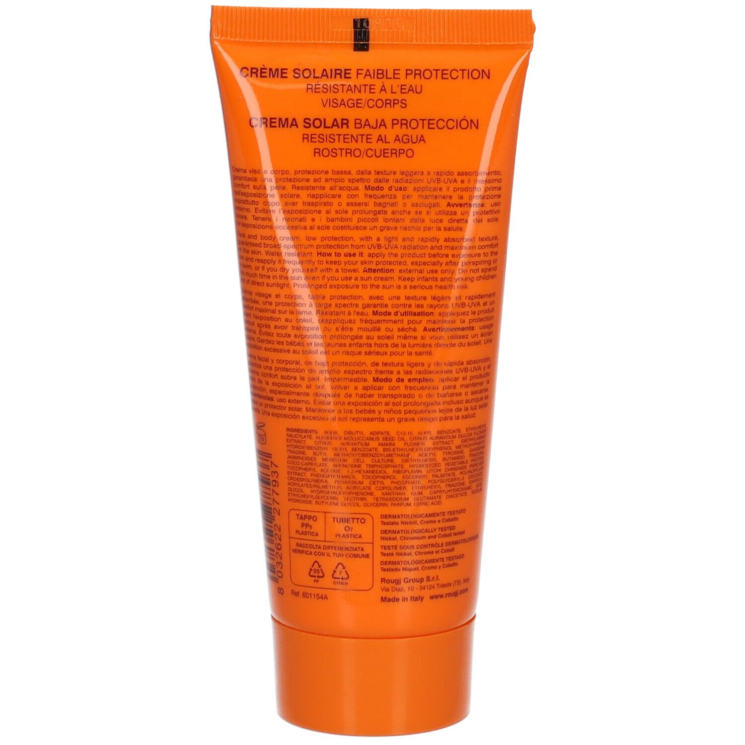 Retro di un tubo arancione. Testo: "CREME SOLAIRE FAIBLE PROTECTION". Testo e simboli.