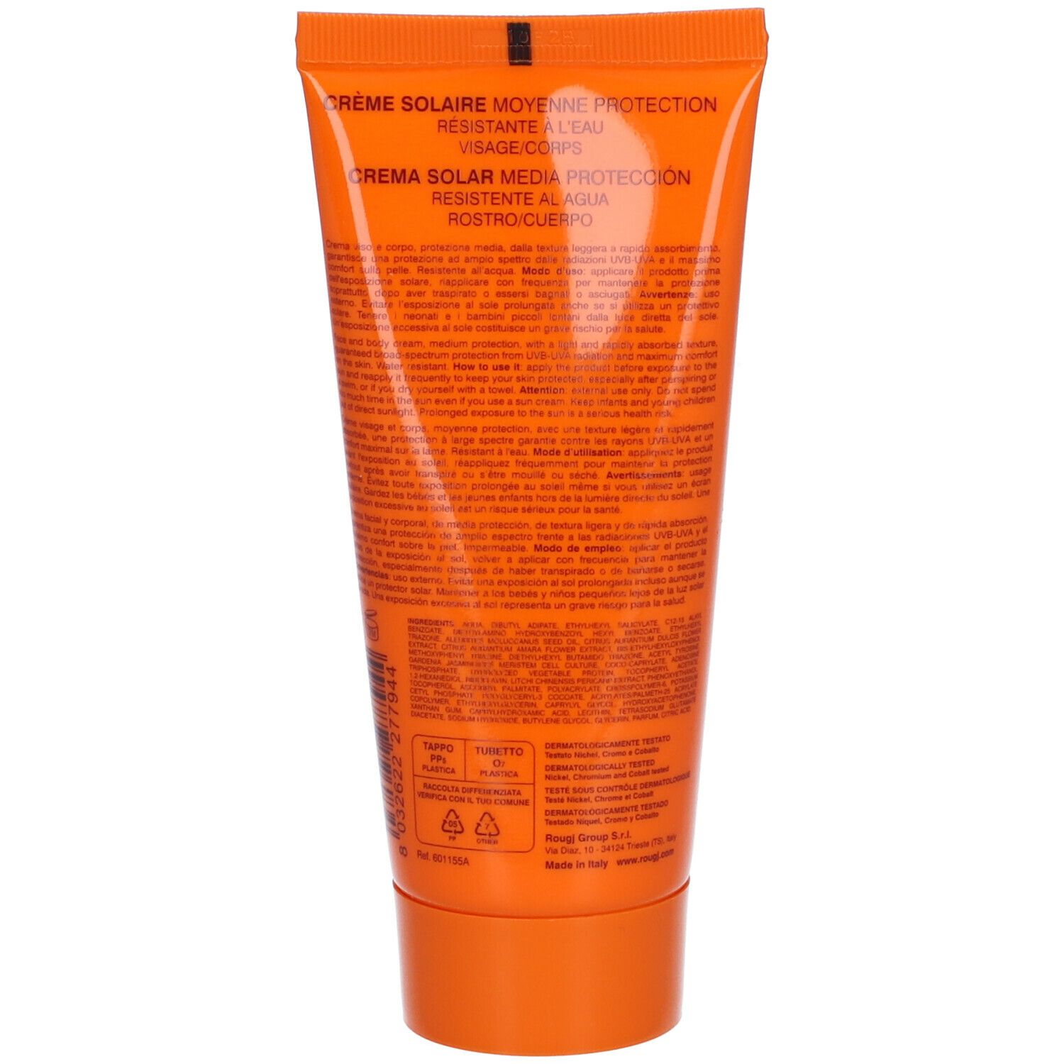 Retro del tubo arancione. Testo multilingue. Informazioni per l'uso.