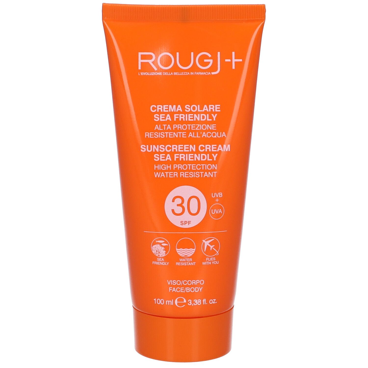 Tubo arancione di crema solare ROJUGJ+. Testo: Crema Solare, SPF 30, resistente all'acqua. Viso/corpo.