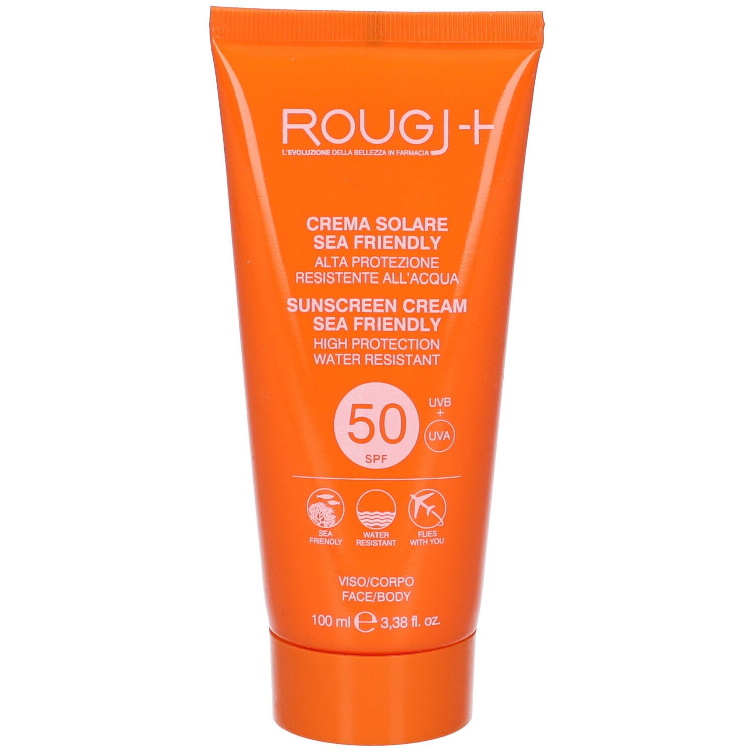 Tubo arancione con testo bianco. ROUNGJ+ Crema Solare SPF 50. Crema solare, resistente all'acqua, SPF 50.