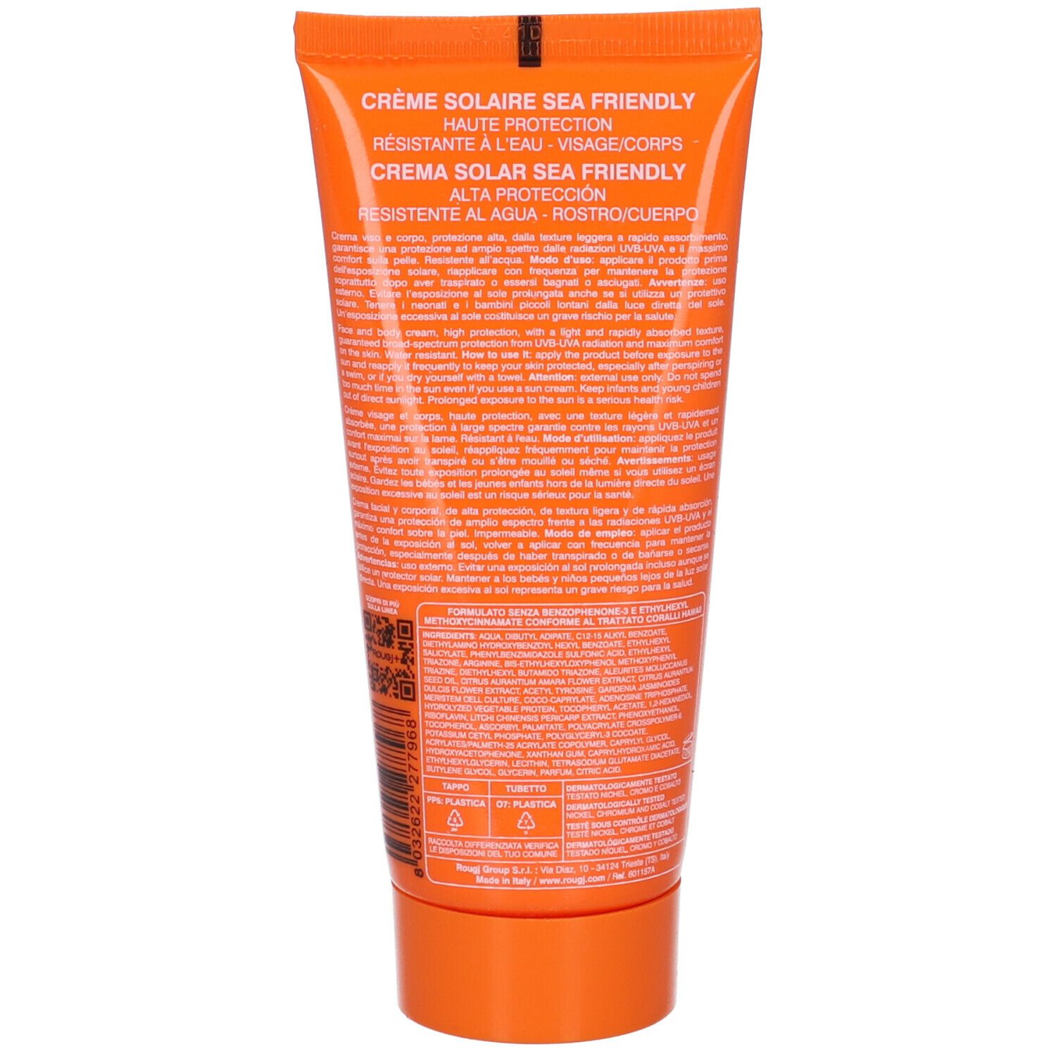 Retro di un tubo arancione. Testo multilingue. Informazioni sulla crema solare.
