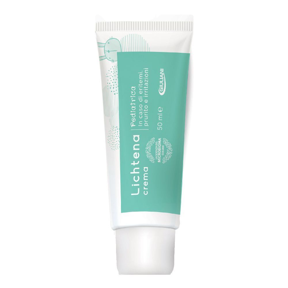 Tubo di crema bianco e turchese con nome e logo del prodotto. Contiene 50 ml. Scritta: "Pediatrica".