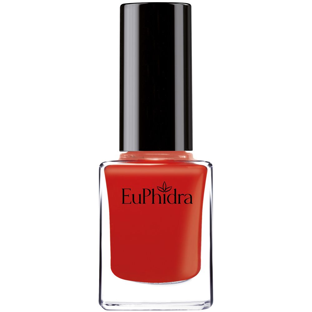 Flacone di smalto rosso con tappo nero. Visibile il logo "Euphidra".