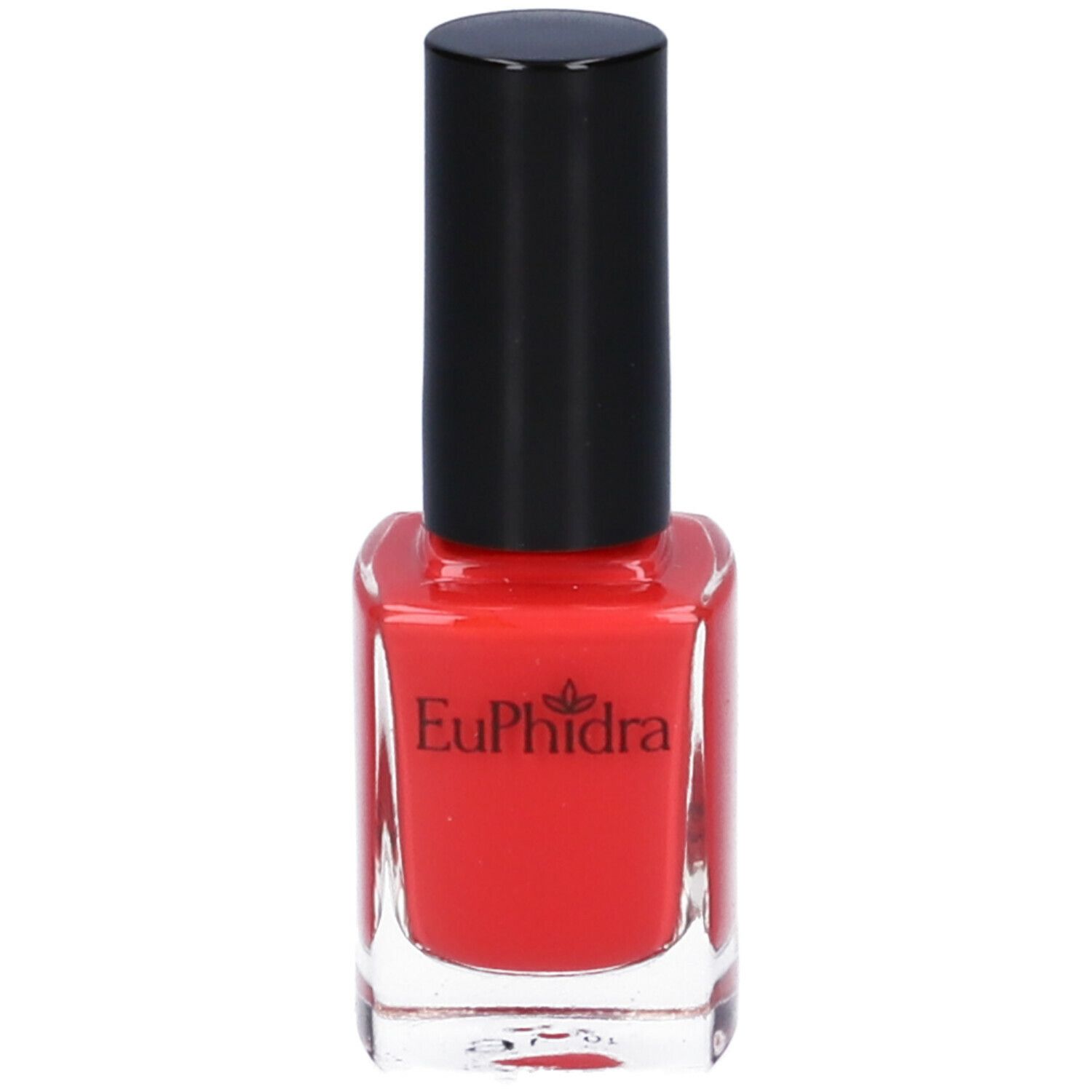 Flacone di smalto rosso con tappo nero. Visibile il logo "Euphidra".