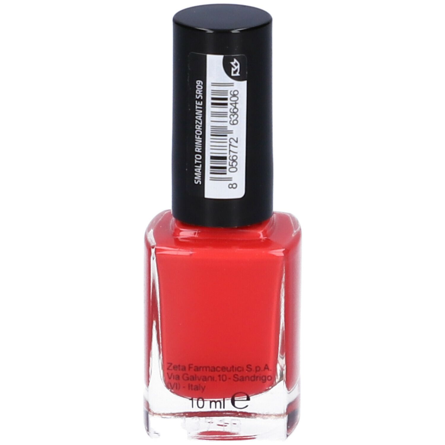 Flacone di smalto rosso con tappo nero. Etichetta con testo. 10 ml.