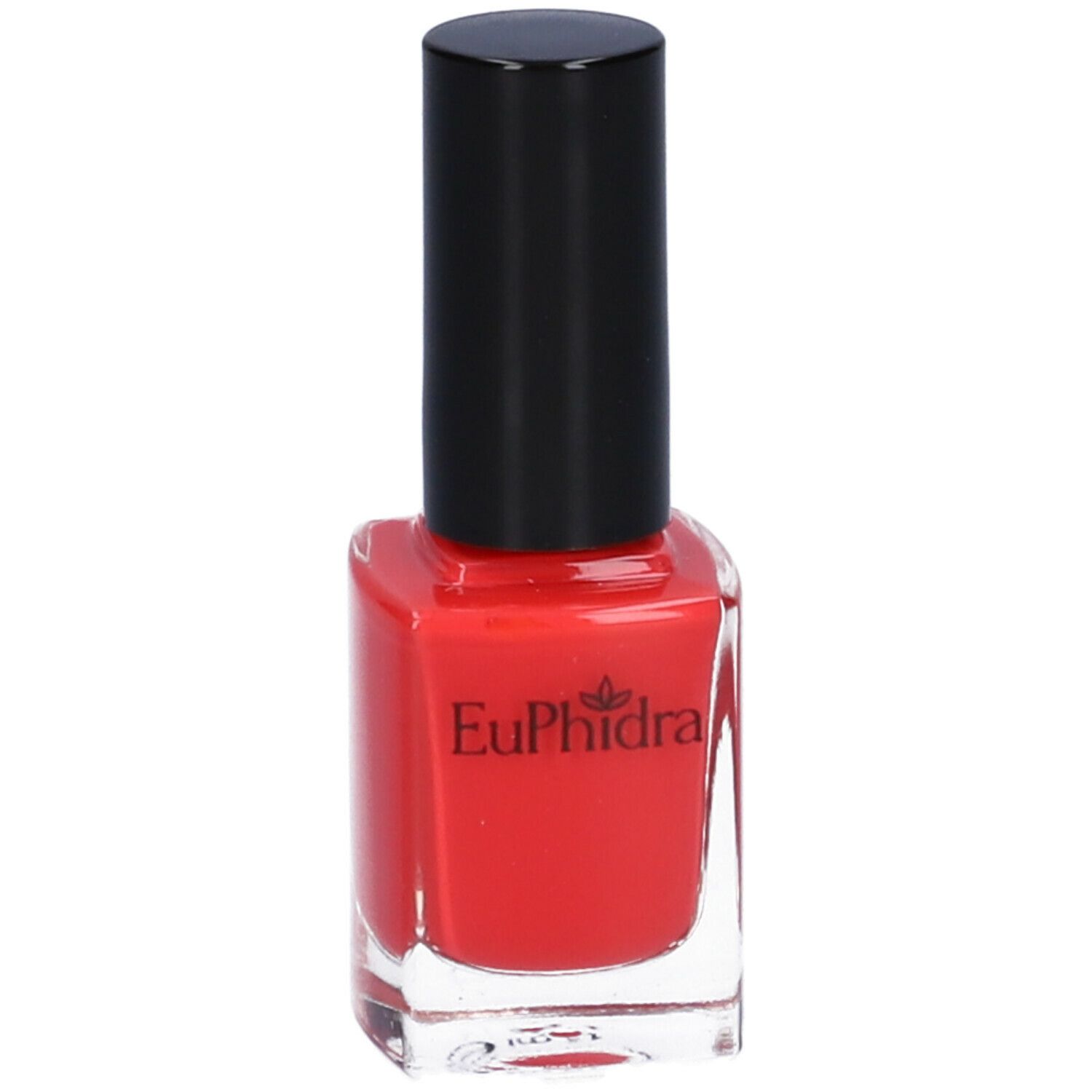 Flacone di smalto rosso con tappo nero. Visibile il logo "Euphidra".