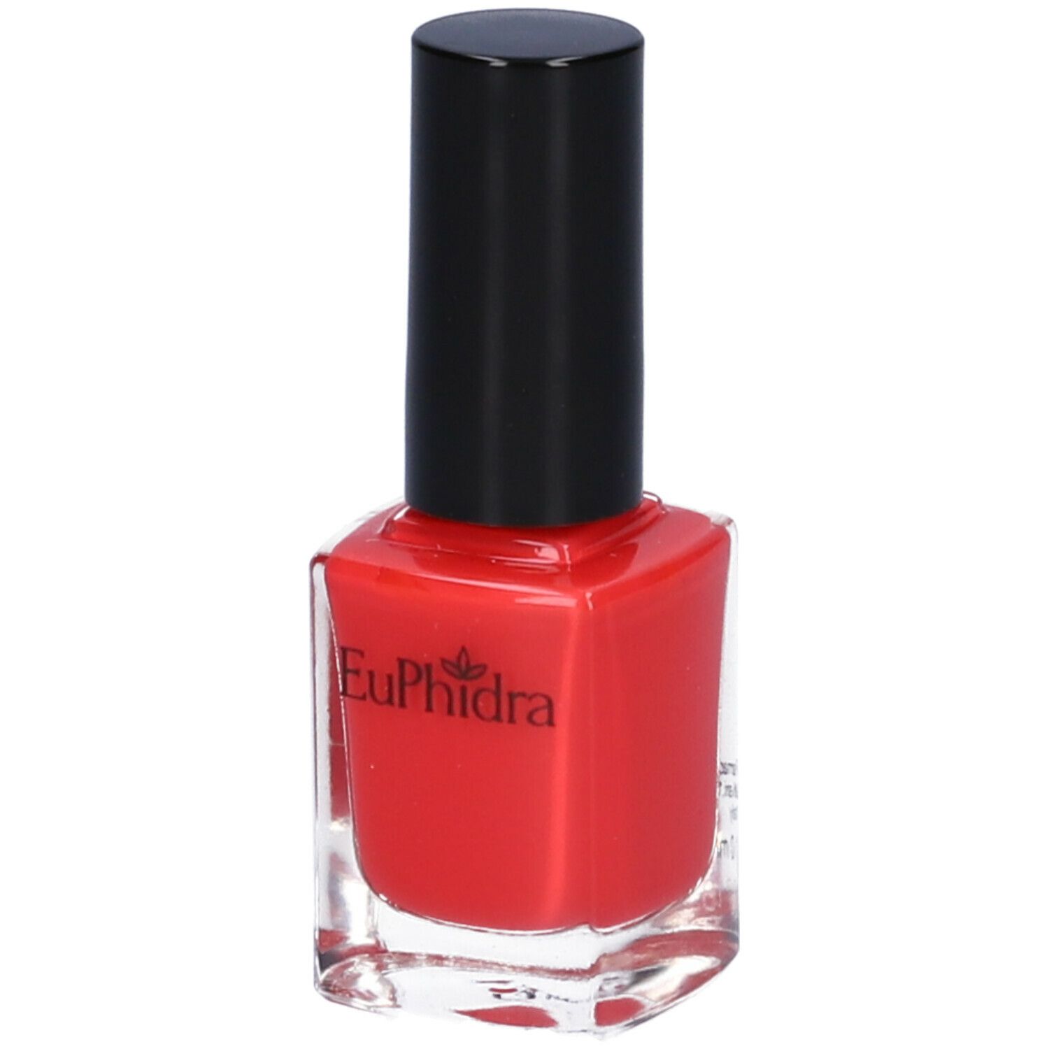 Flacone di smalto rosso con tappo nero. Visibile il logo "Euphidra".