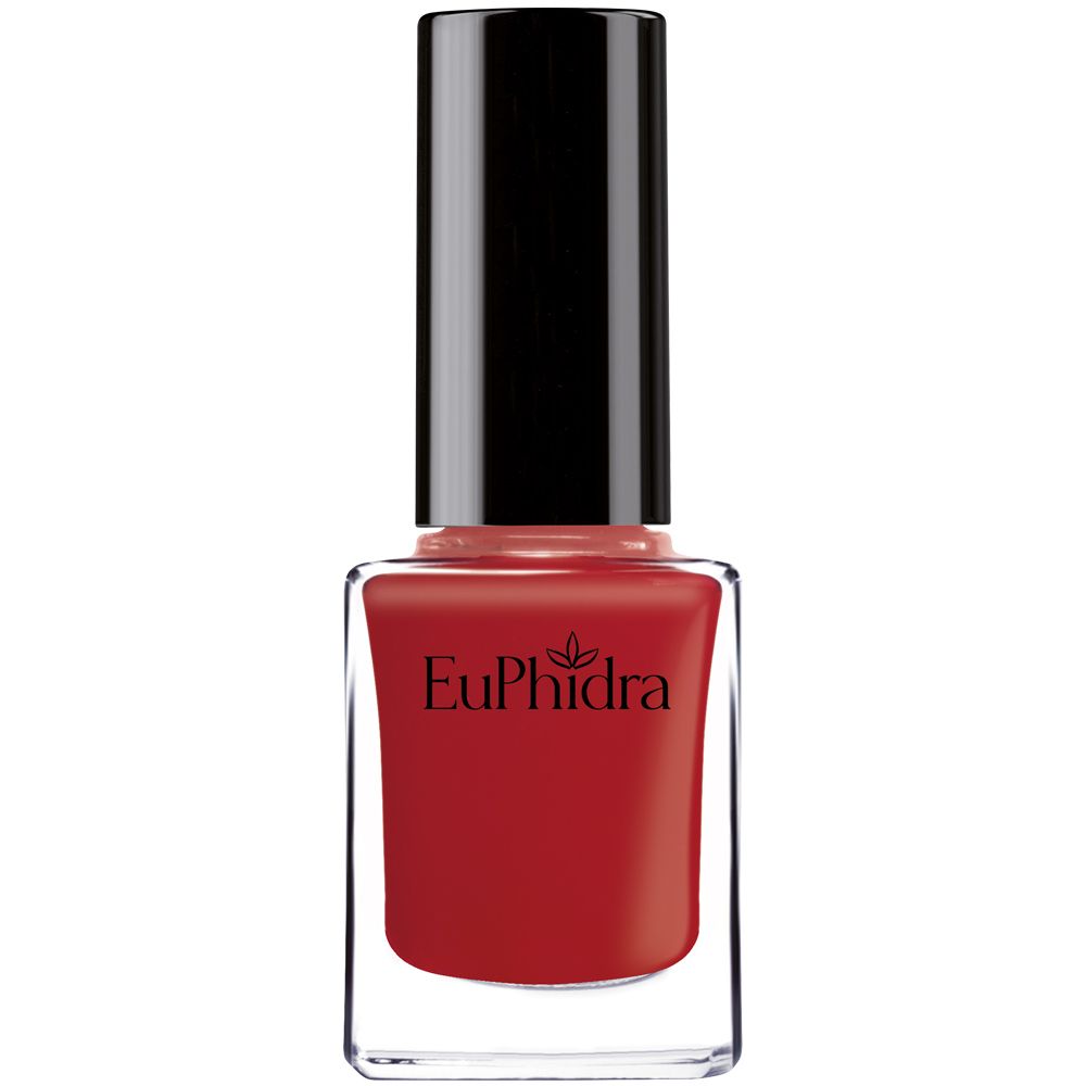 Flacone di smalto rosso con tappo nero. Visibile il logo "Euphidra".