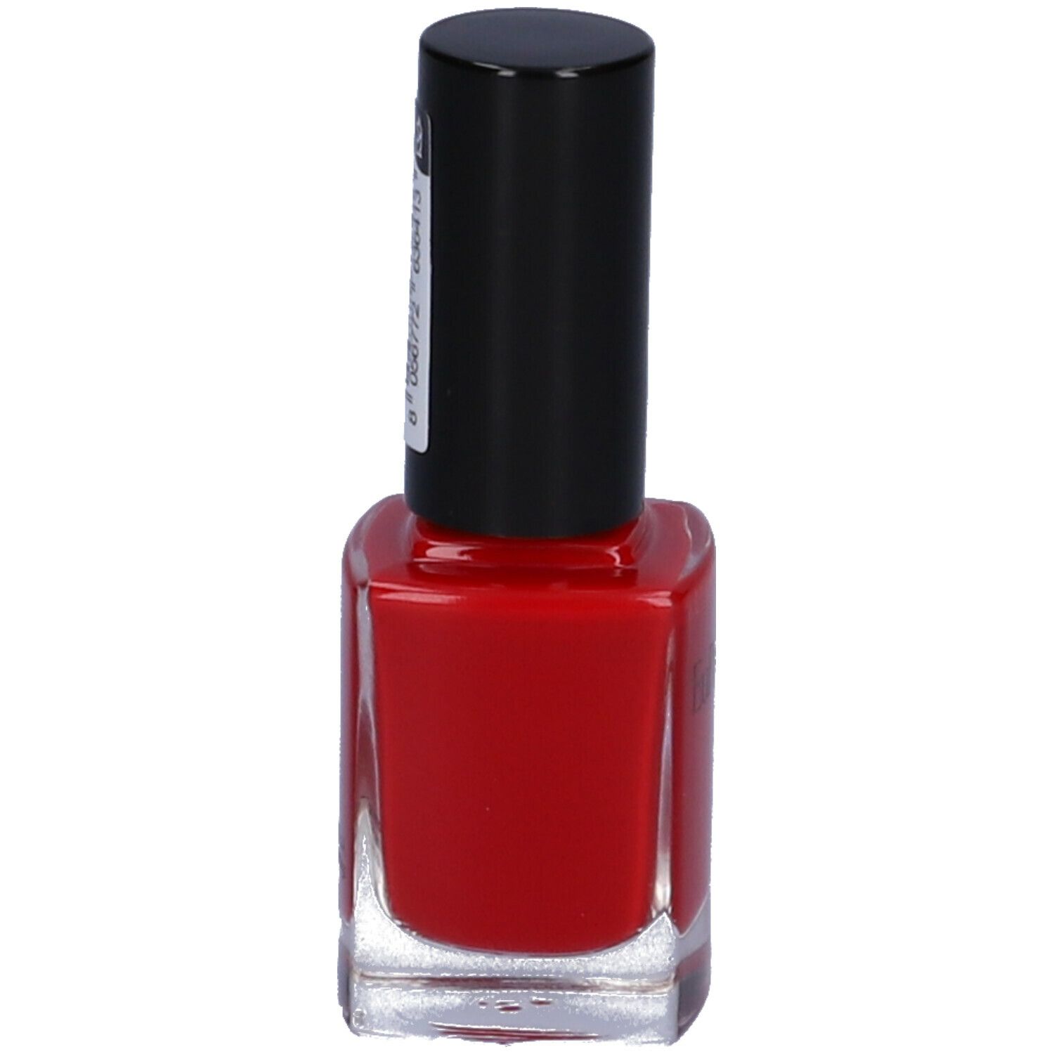 Flacone di smalto rosso con tappo nero ed etichetta.