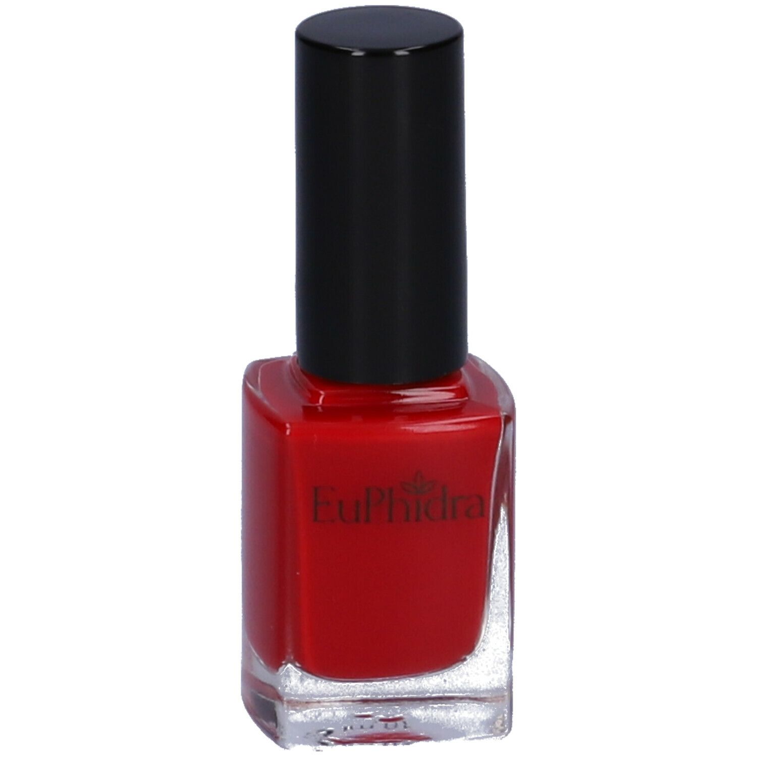 Flacone di smalto rosso con tappo nero. Visibile il logo "Euphidra".